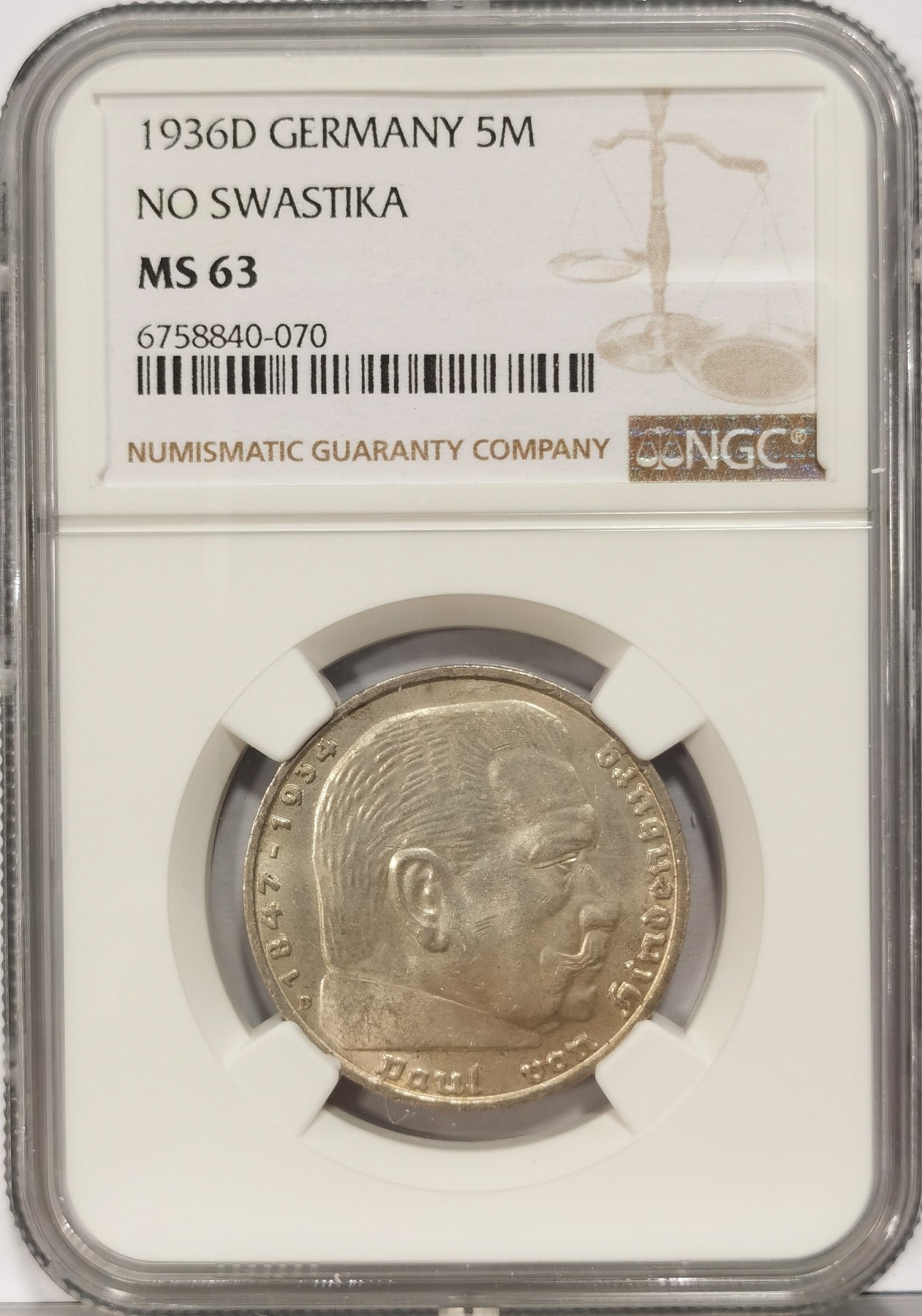 博洋堂世界钱币拍卖第034期（全场包邮） NGC MS63 1936年D版德国第三帝国兴登堡5马克银币