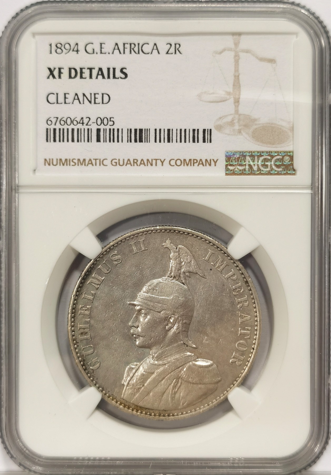 博洋堂世界钱币拍卖第034期（全场包邮） NGC XF 1894年德属东非2卢比银币，威廉二世面像东非最大面值