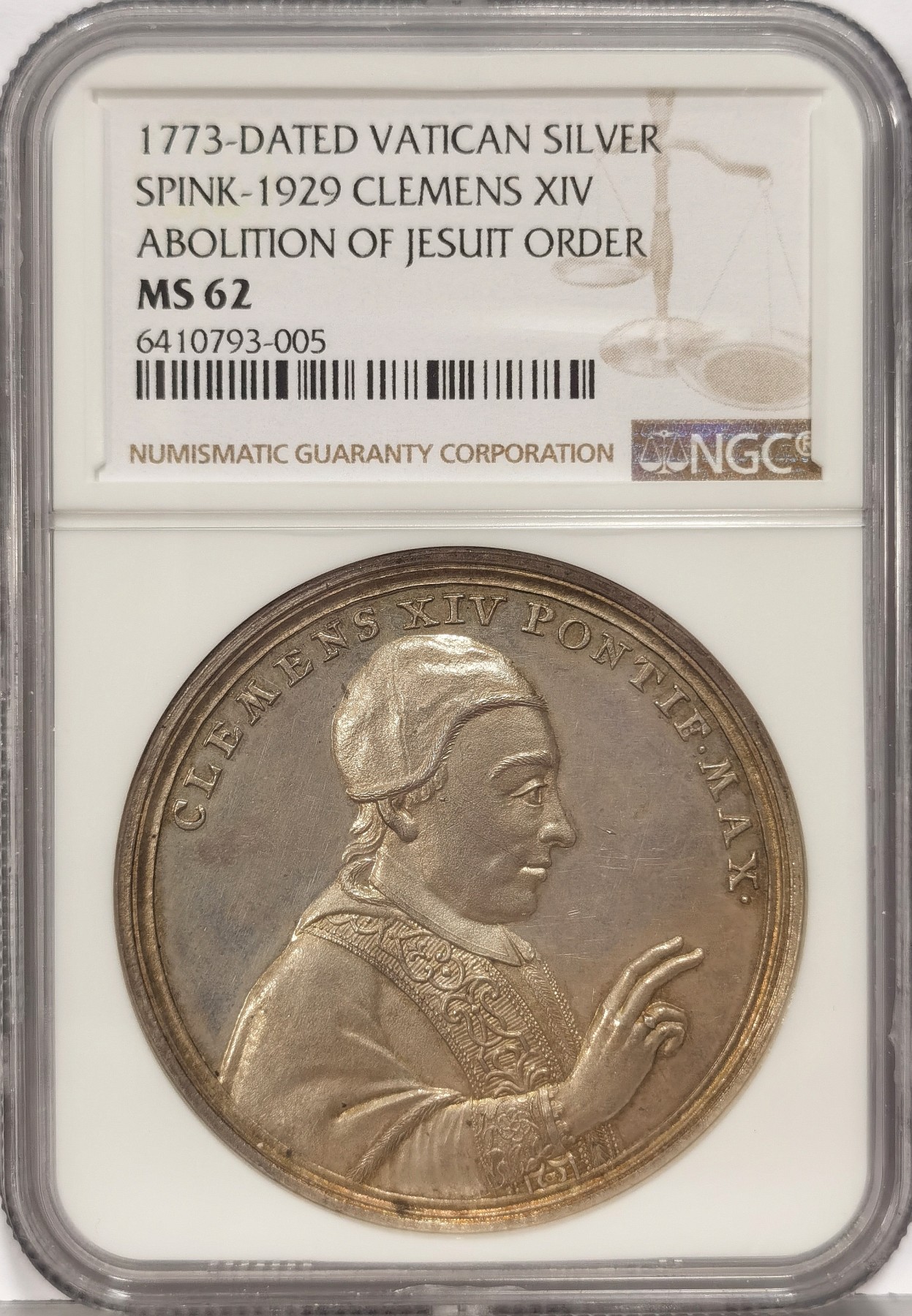博洋堂世界钱币拍卖第034期（全场包邮） PCGS MS62 1773年梵蒂冈教皇国大银章 正面克莱门特教皇十四世，背面是圣彼得、耶稣及耶稣会教士等人物，描述因为背叛废除耶稣会教派的宗教事件，早期稀有银章，2022年5月，61分拍出4119元