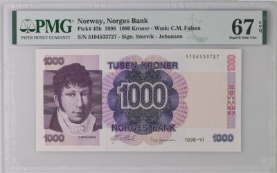 《张总收藏》110期—外币强钞 - 挪威1998年1000克朗最高值PMG67E高分 名誉品法尔森 挪威民族主义政治领袖 背面浮雕霸气