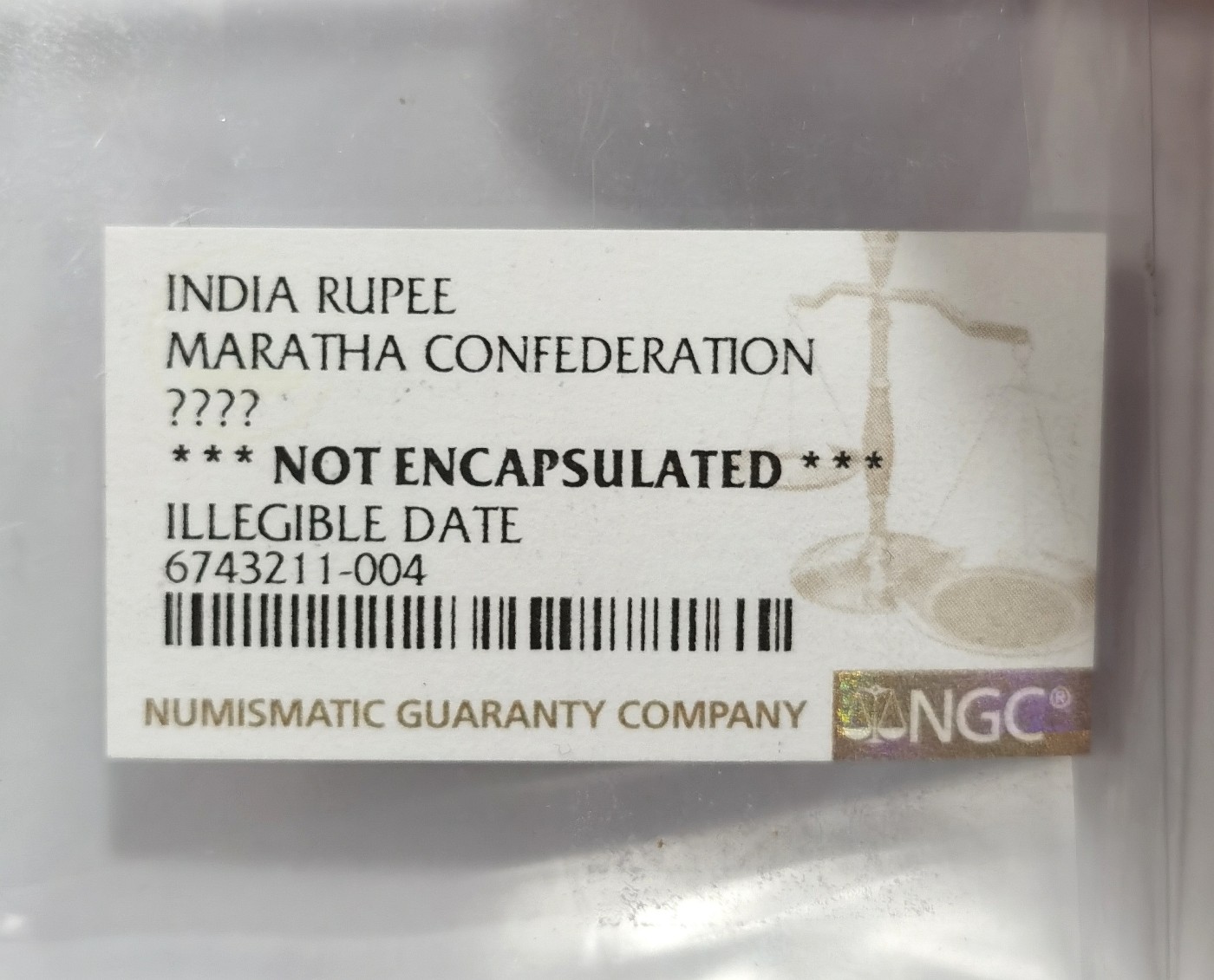 博洋堂世界钱币拍卖第034期（全场包邮） NGC 未进盒 1761-1771年印度马拉塔联邦卢比打制银币（AU+至UNC品质，NGC未进盒原因是币年代不明）