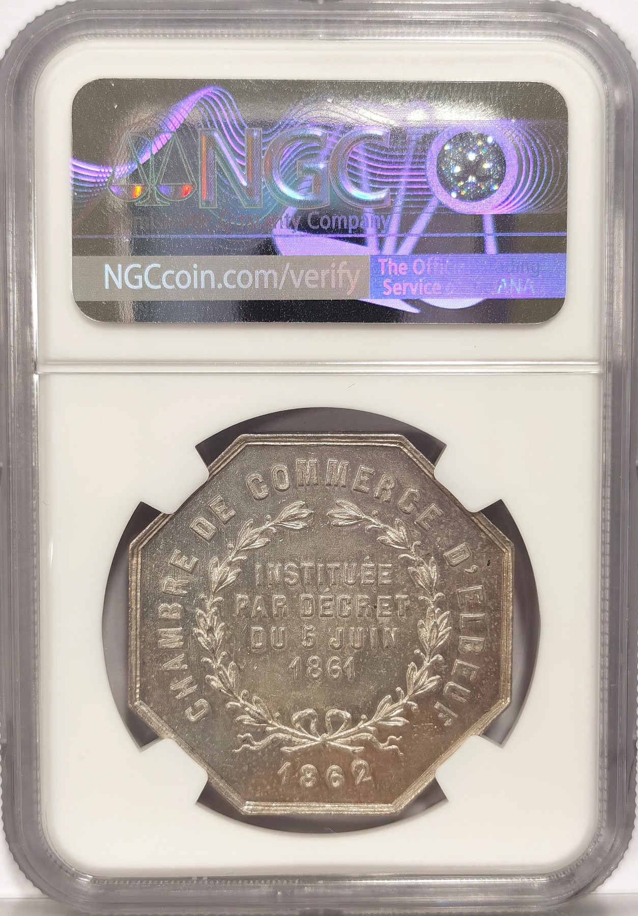 博洋堂世界钱币拍卖第034期（全场包邮） NGC MS63 法国1862年鲁昂欧洲商业八角银章