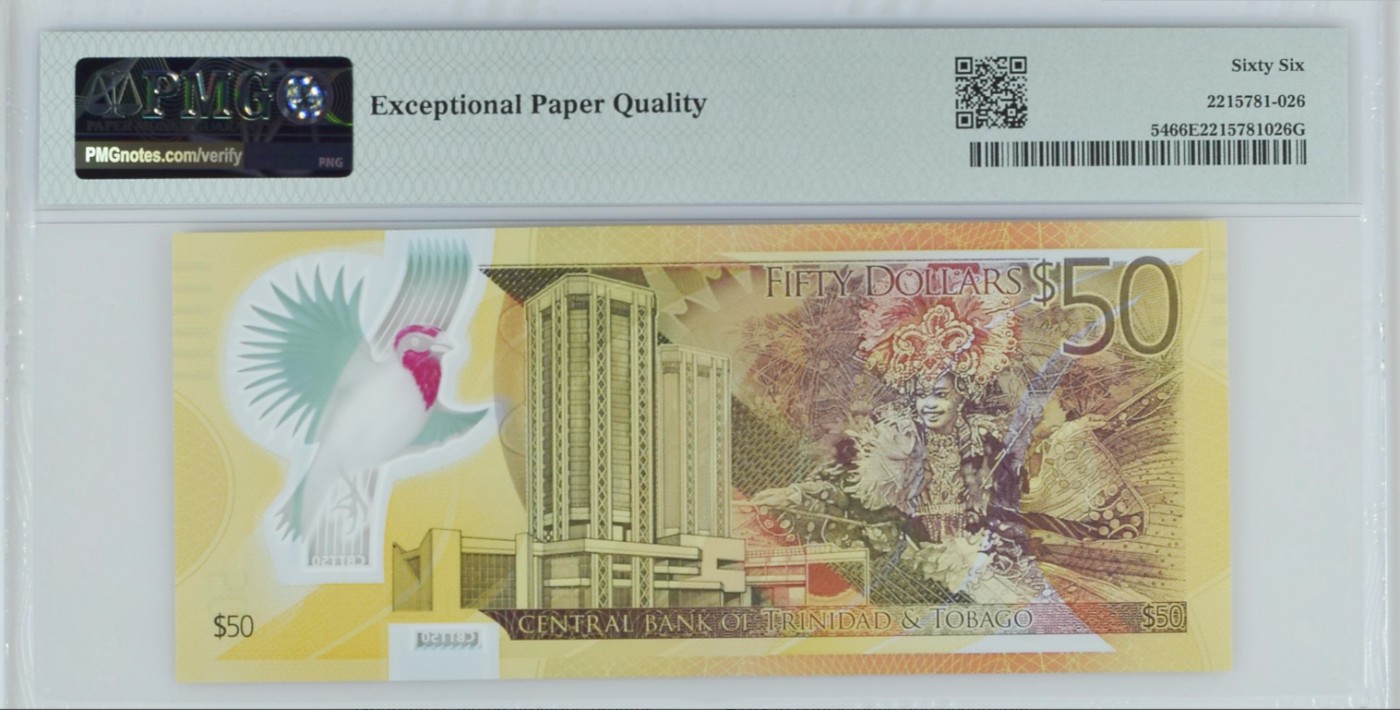 《张总收藏》110期—外币强钞 特立尼达和多巴哥2014年50元首发CB冠PMG66E无4 IBNS世界最佳纸币获奖钞
