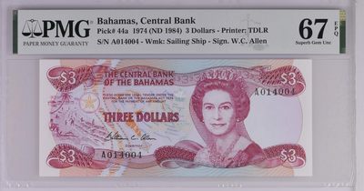 【礼羽收藏】🌏世界钱币拍卖第6期  裸币 评级币 - 【数三】巴哈马🇧🇸 Bahamas, Central Bank, 3 Dollars 1974 (ND 1984) - Printer: TDLR