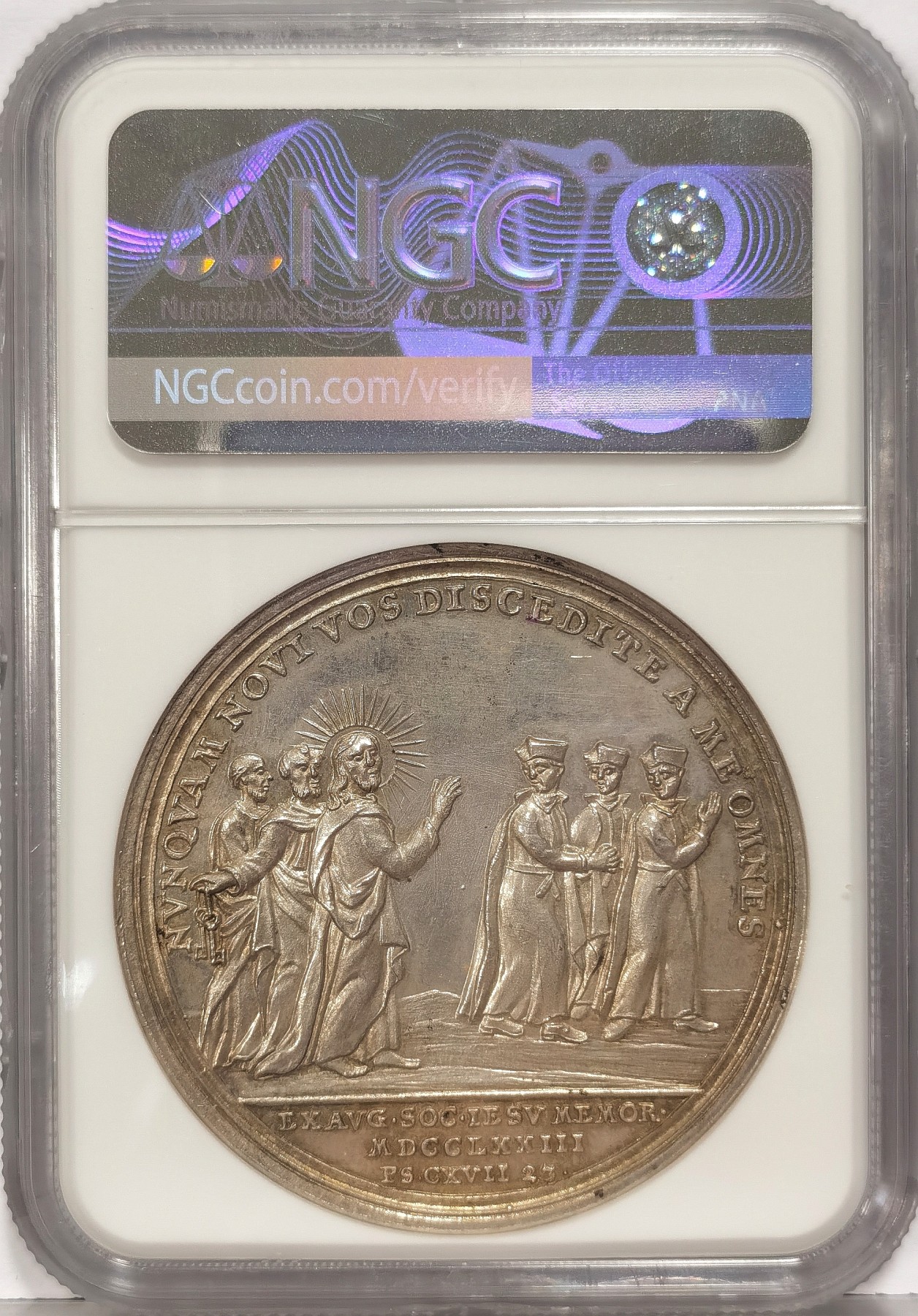 博洋堂世界钱币拍卖第034期（全场包邮） PCGS MS62 1773年梵蒂冈教皇国大银章 正面克莱门特教皇十四世，背面是圣彼得、耶稣及耶稣会教士等人物，描述因为背叛废除耶稣会教派的宗教事件，早期稀有银章，2022年5月，61分拍出4119元