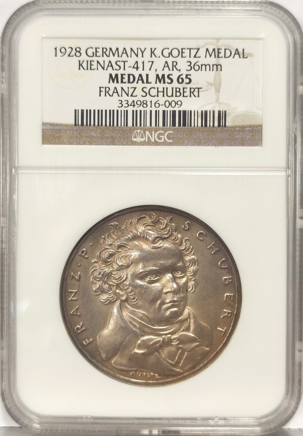 博洋堂世界钱币拍卖第034期（全场包邮） NGC MS65 德国1928年纪念艺术歌曲之王舒伯特逝世百年银章，背面图案骷髅、玫瑰、天使！卡尔哥茨作品，其签名于肖像下方，顶级状态，冠军分，稀少品种