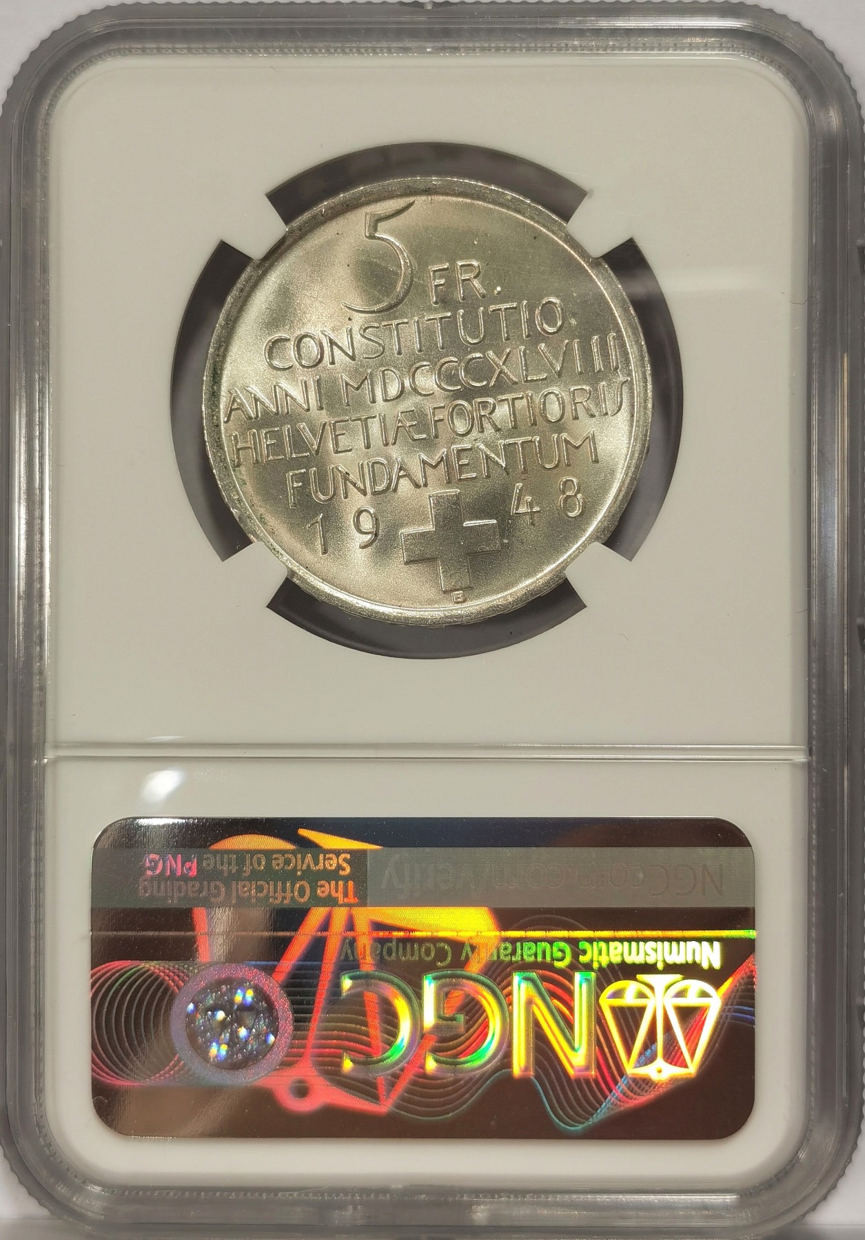 博洋堂世界钱币拍卖第034期（全场包邮） NGC MS64 瑞士1948年宪法百年纪念5法郎银币