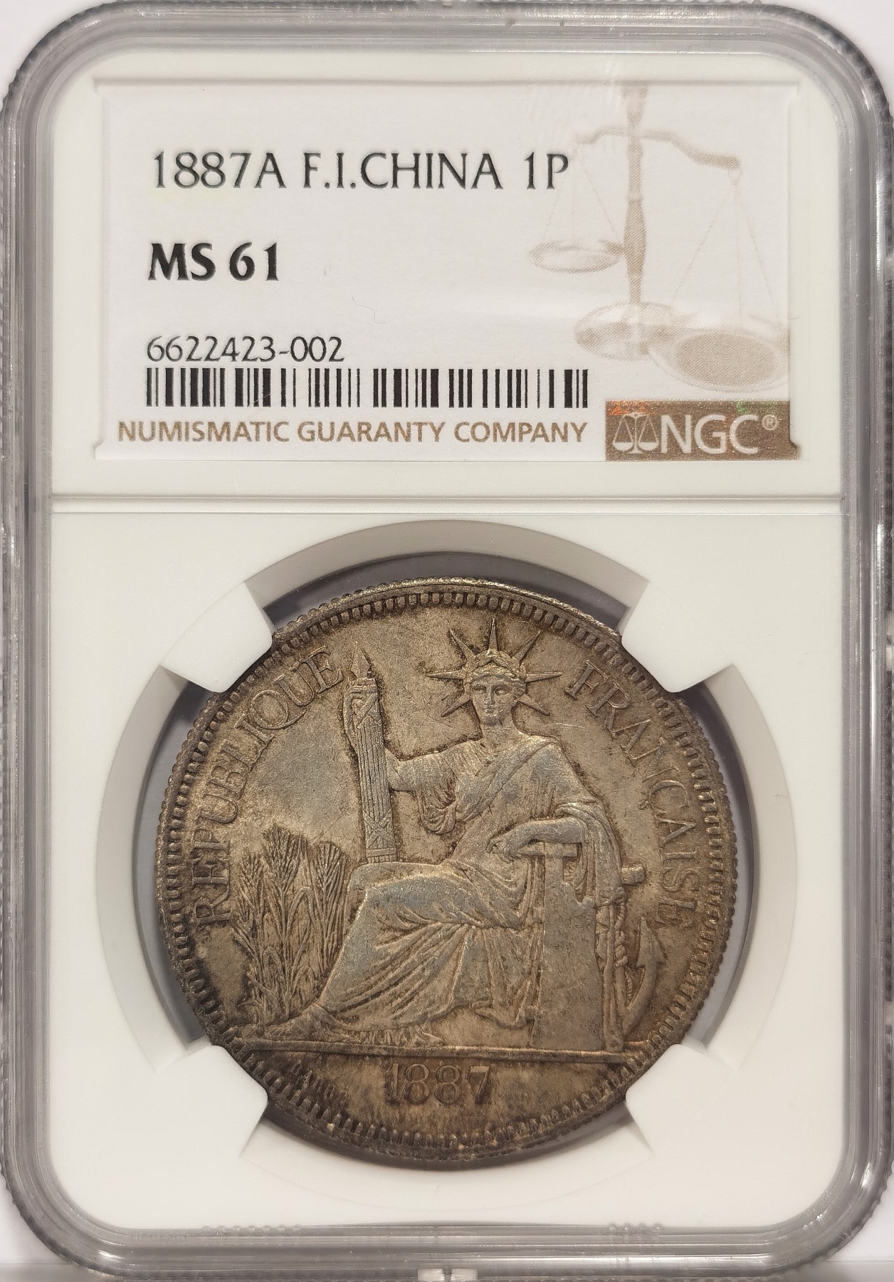 博洋堂世界钱币拍卖第034期（全场包邮） NGC MS61 法属印支坐洋1887年A版，早期加重坐洋，比1886少多了，顶级黄油五彩，N官网有高清图