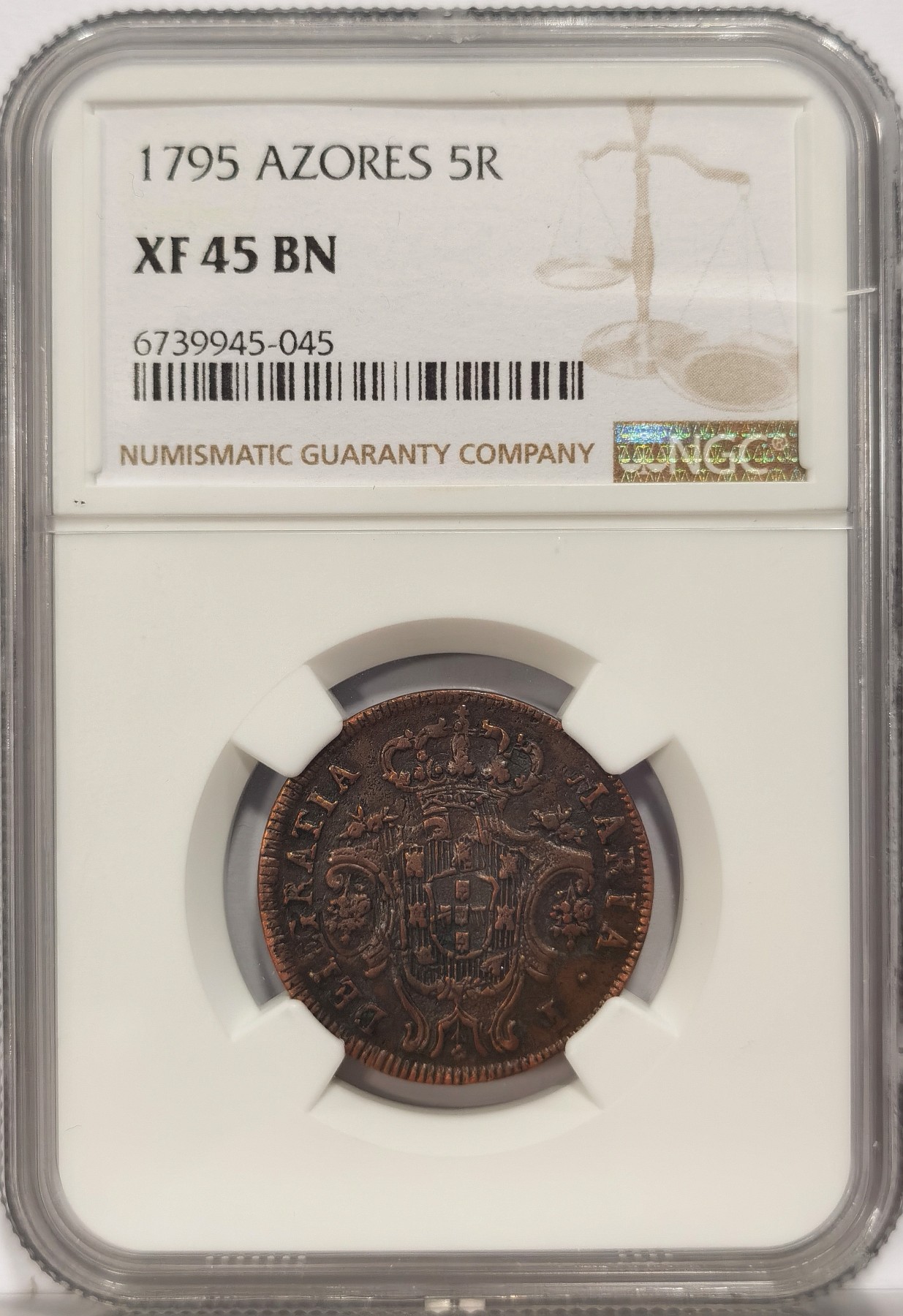 博洋堂世界钱币拍卖第034期（全场包邮） NGC XF45BN 葡属亚速尔1795年5R铜币