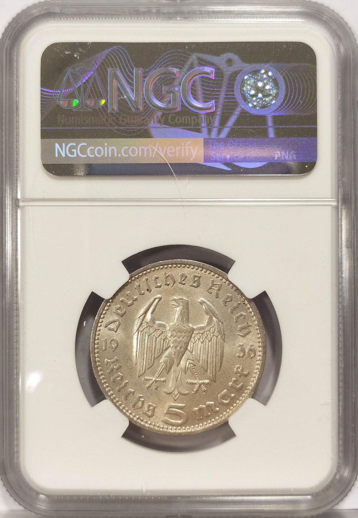 博洋堂世界钱币拍卖第034期（全场包邮） NGC MS63 1936年D版德国第三帝国兴登堡5马克银币