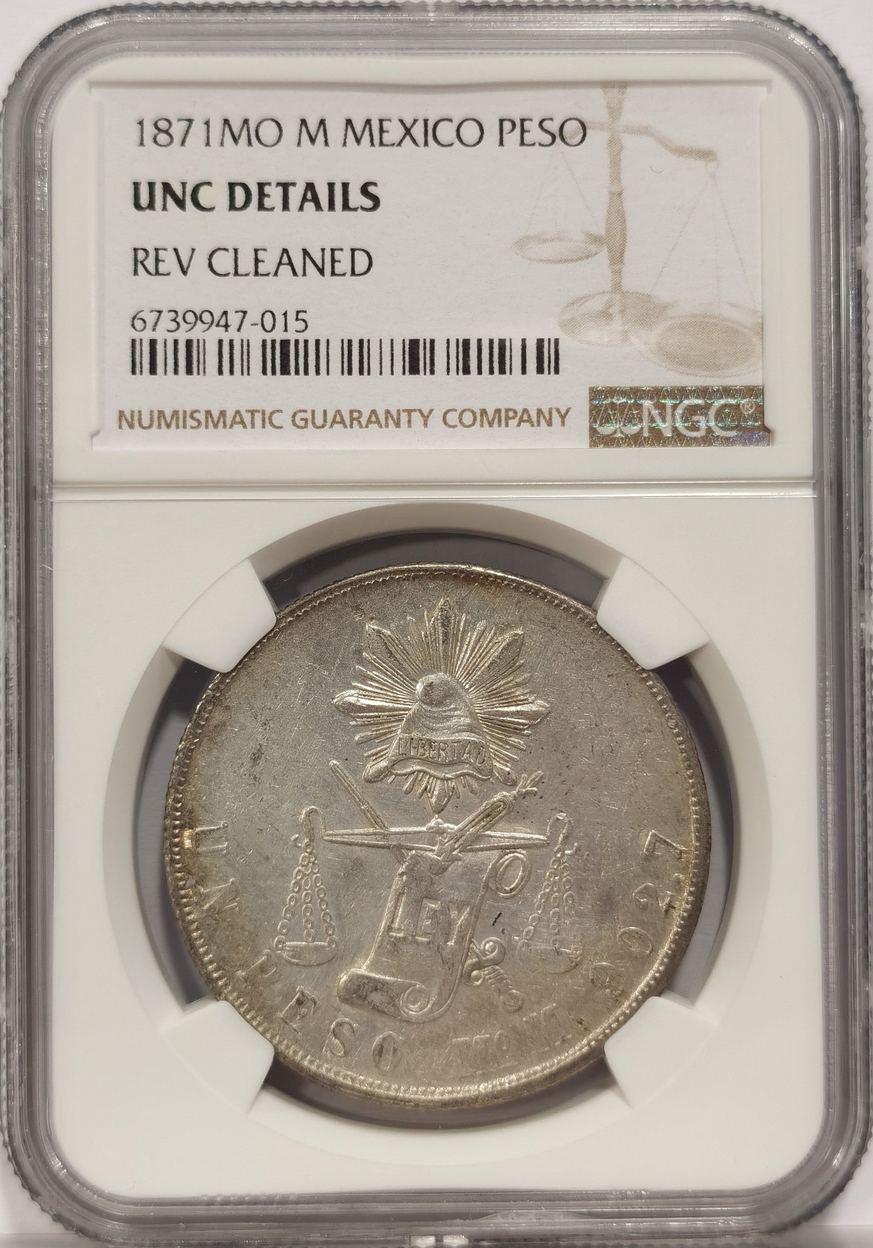 博洋堂世界钱币拍卖第034期（全场包邮） NGC UNC 墨西哥1871年MO M版天平鹰洋，原光，背面稍有清洗