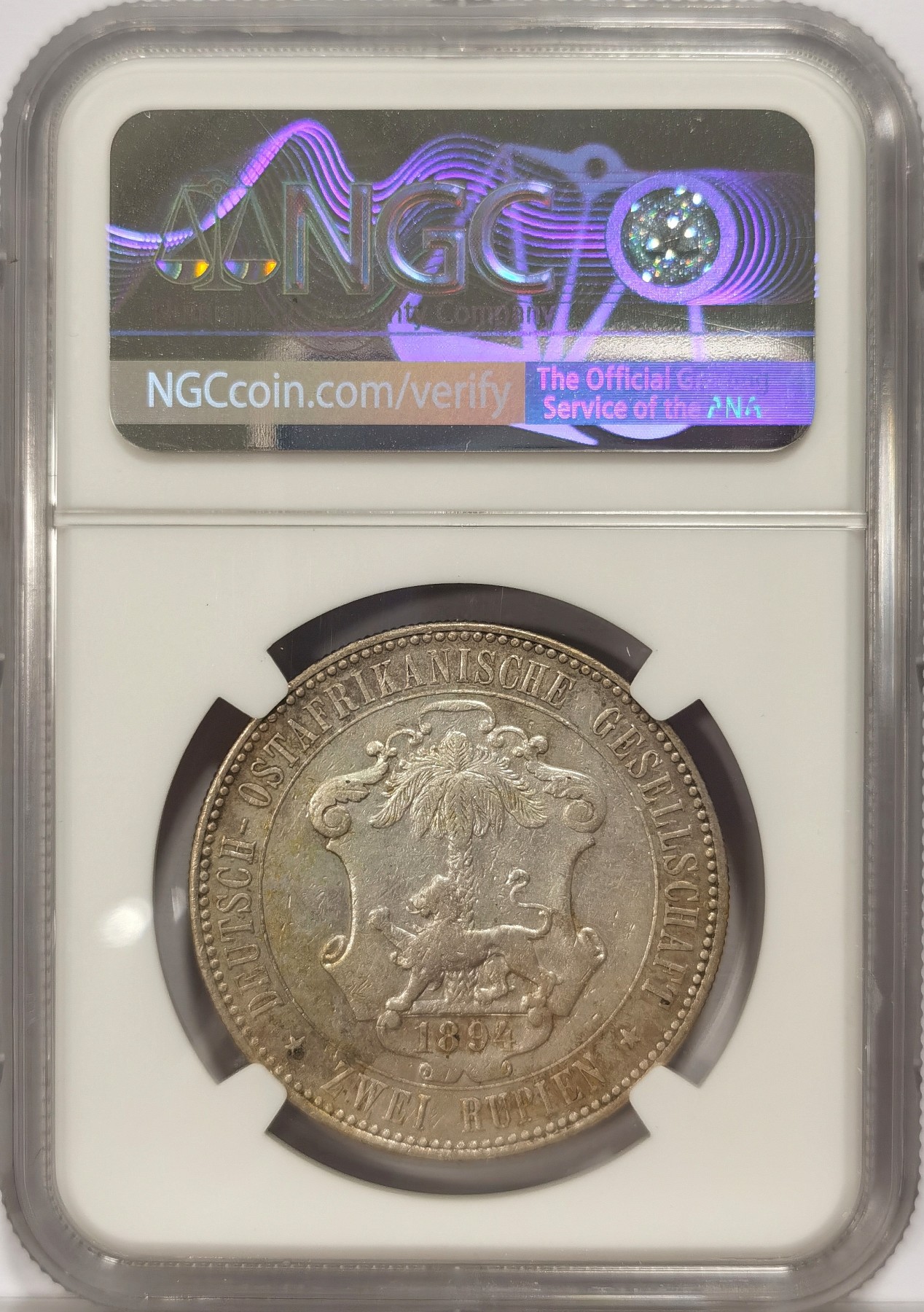 博洋堂世界钱币拍卖第034期（全场包邮） NGC XF 1894年德属东非2卢比银币，威廉二世面像东非最大面值
