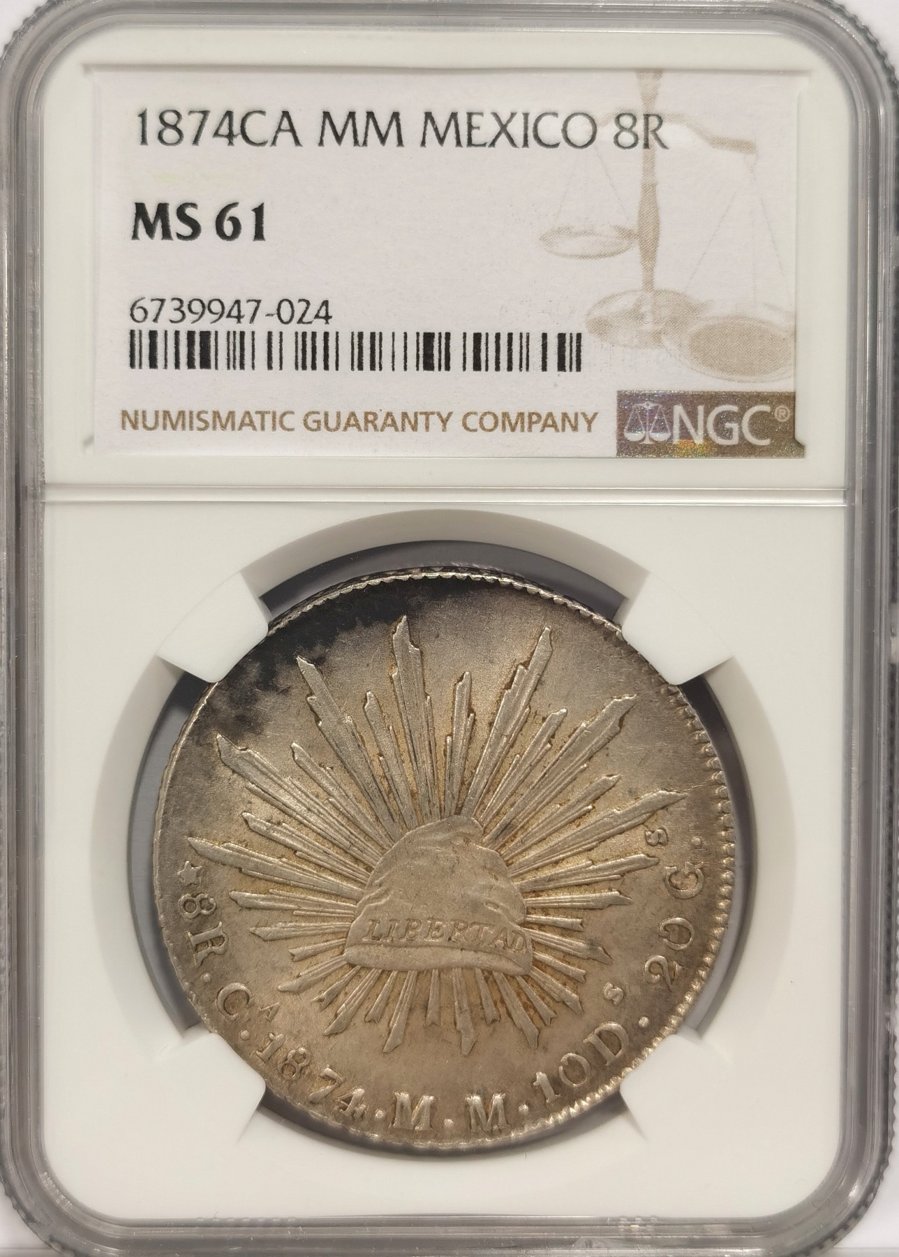 博洋堂世界钱币拍卖第034期（全场包邮） NGC MS61 墨西哥1874年CA MM版花边鹰洋，4显得比前面三个数字小，MS少见