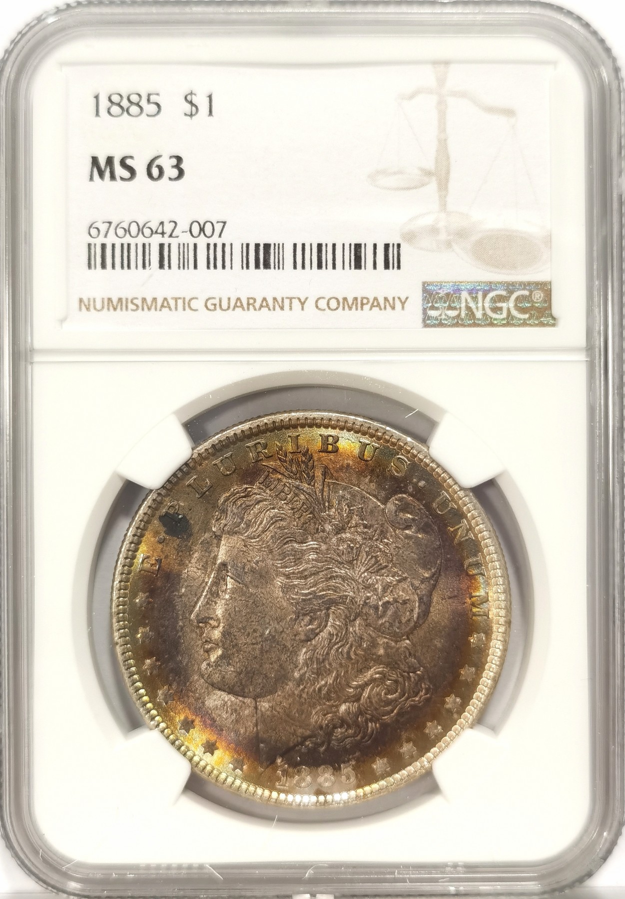 博洋堂世界钱币拍卖第034期（全场包邮） NGC MS63 1885年美国摩根大银币 酱五彩