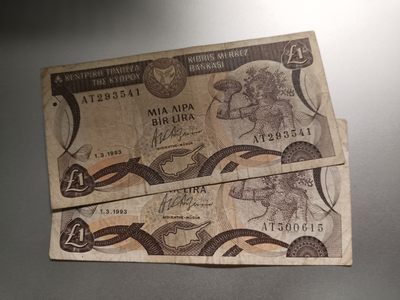 【专场20230712】欧亚大观第V期——欧洲/亚太地区钞/币专场【20230713已更新】（本周入伏太热，就这一期，大家扎啤摊见） - 【拍品002】塞浦路斯1993年1镑流通品相批量两张