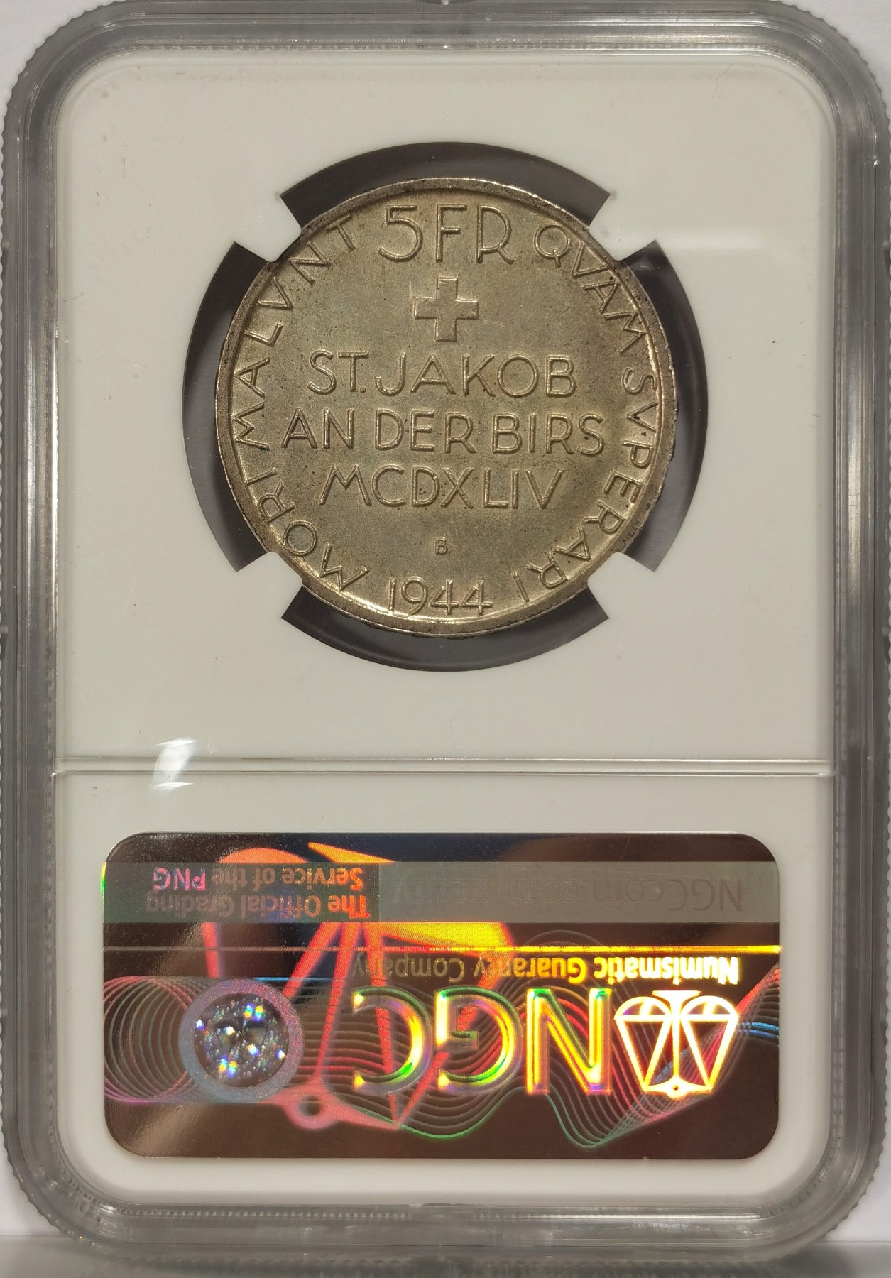 博洋堂世界钱币拍卖第034期（全场包邮） NGC MS63 瑞士1944年圣雅各布之战5法郎银币