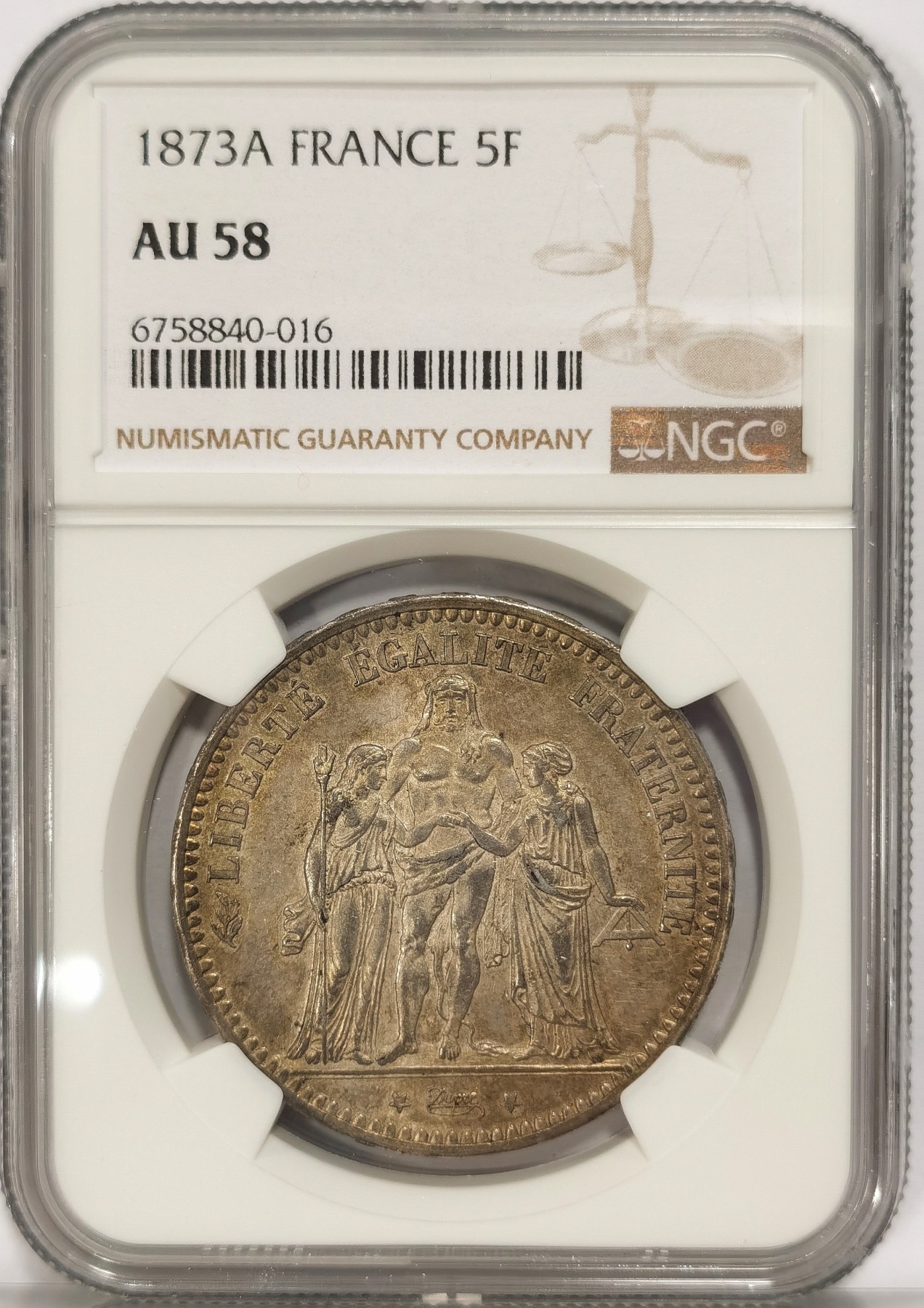 博洋堂世界钱币拍卖第034期（全场包邮） NGC AU58 法国1873年大力神5法郎银币