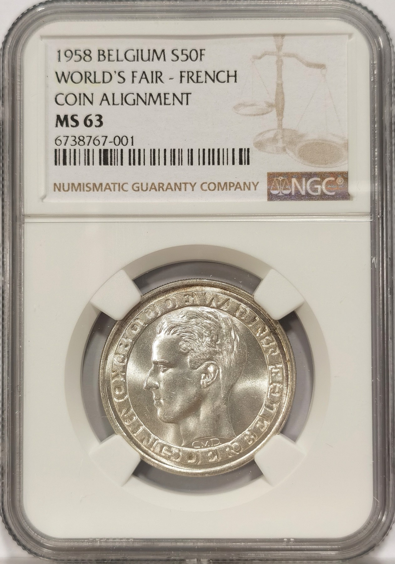 博洋堂世界钱币拍卖第034期（全场包邮） NGC MS63 比利时1958年50法郎首版世博会纪念银币 法语版 BU品强光低评
