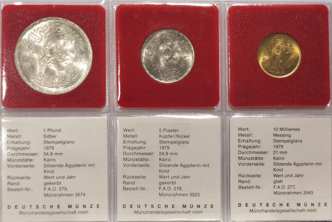 博洋堂世界钱币拍卖第034期（全场包邮） 全套埃及1979年FAO/儿童年双纪念币 BU品原包装 银币常见 全套难觅