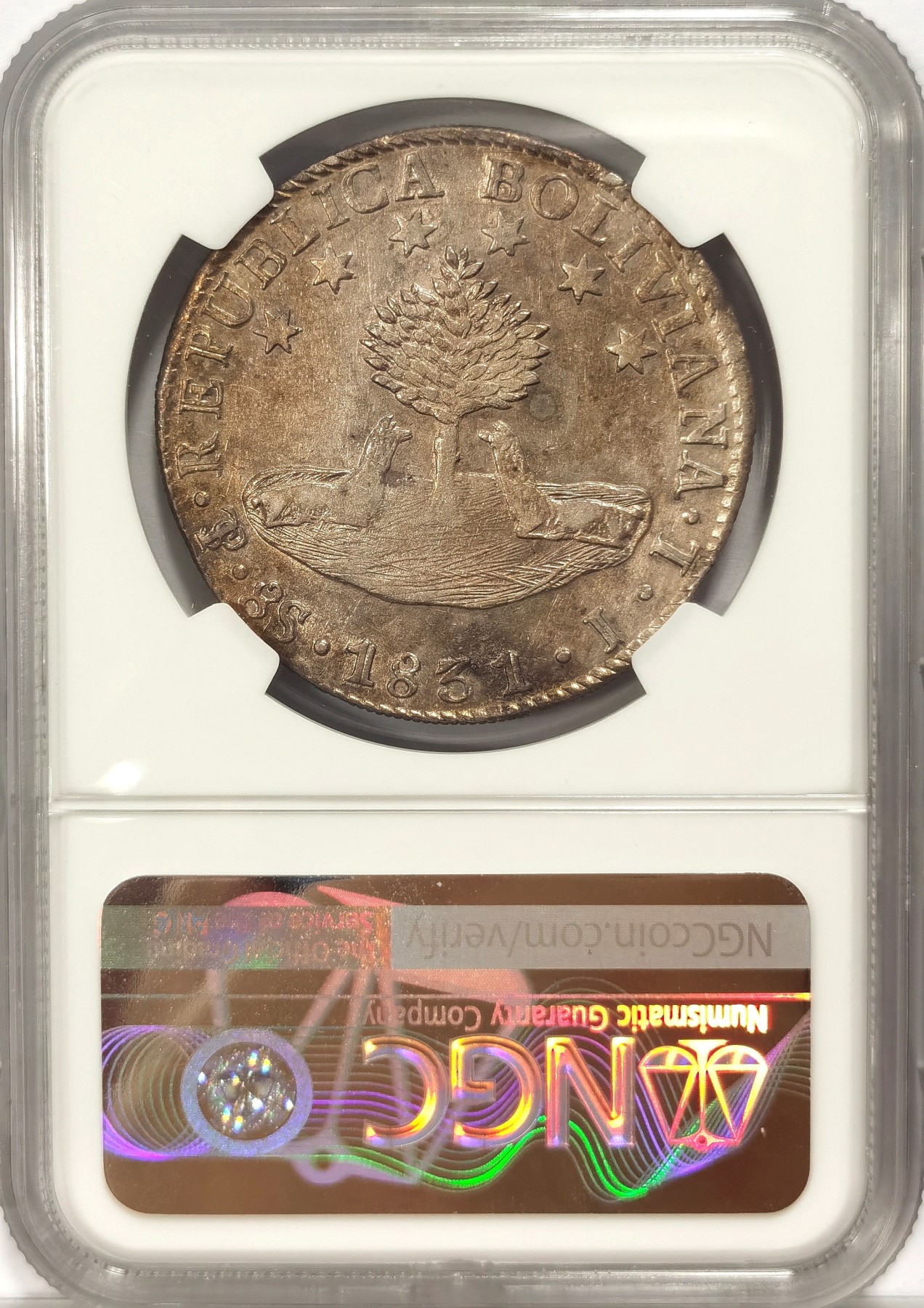 博洋堂世界钱币拍卖第034期（全场包邮） NGC AUD 五彩原光玻利维亚1831年8索尔大银