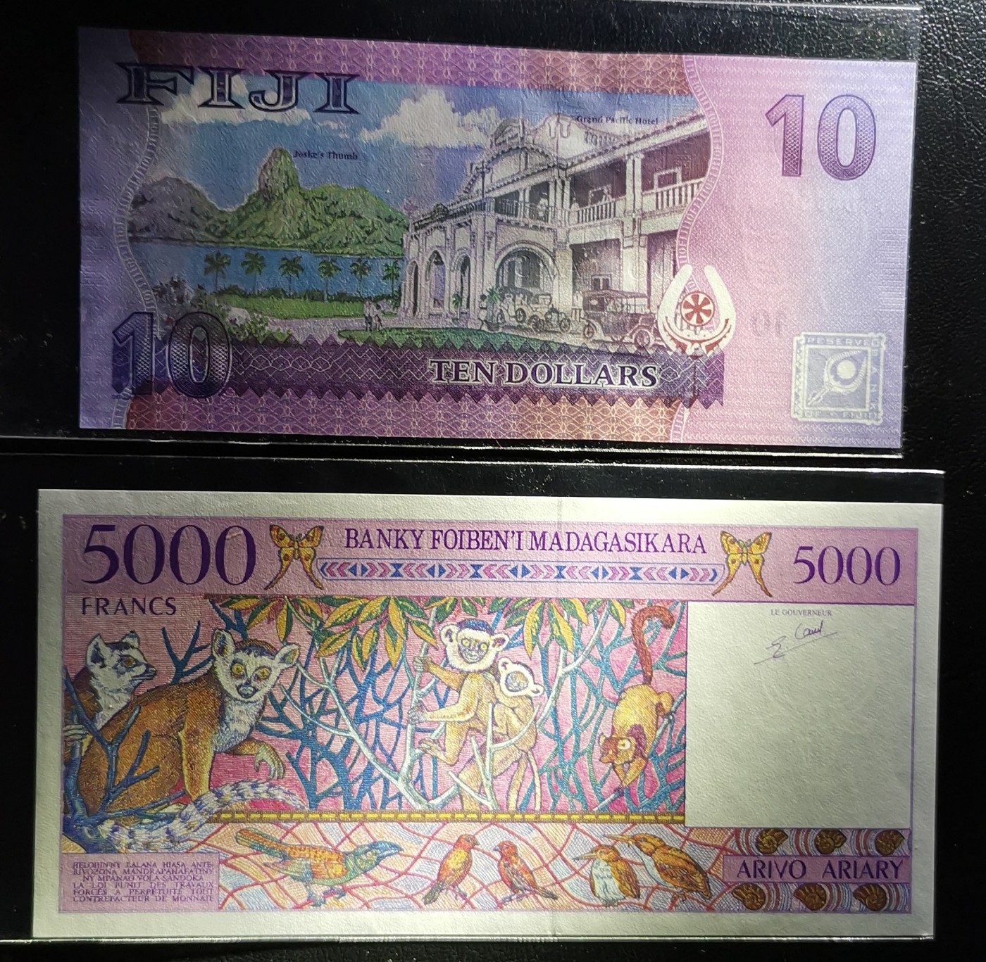 《张总收藏》110期—外币强钞 (2张紫色系一组)马达加斯加1995年5000法郎UNC，斐济2013版10元