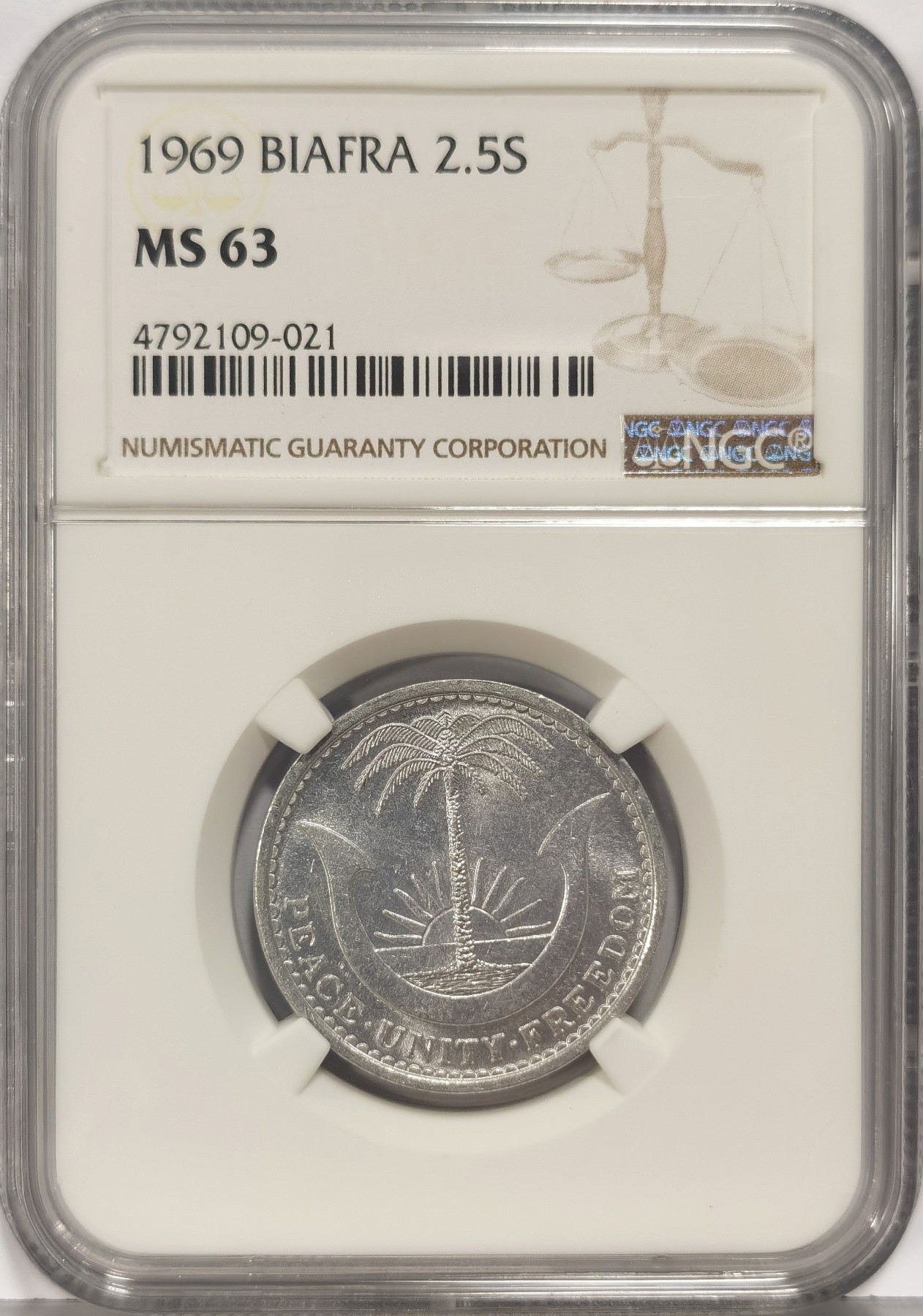 博洋堂世界钱币拍卖第034期（全场包邮） NGC MS63 1969年比夫拉共和国2.5先令 只存在两年的短命独裁国家 少见面值 该币的猎豹正是国徽的象征