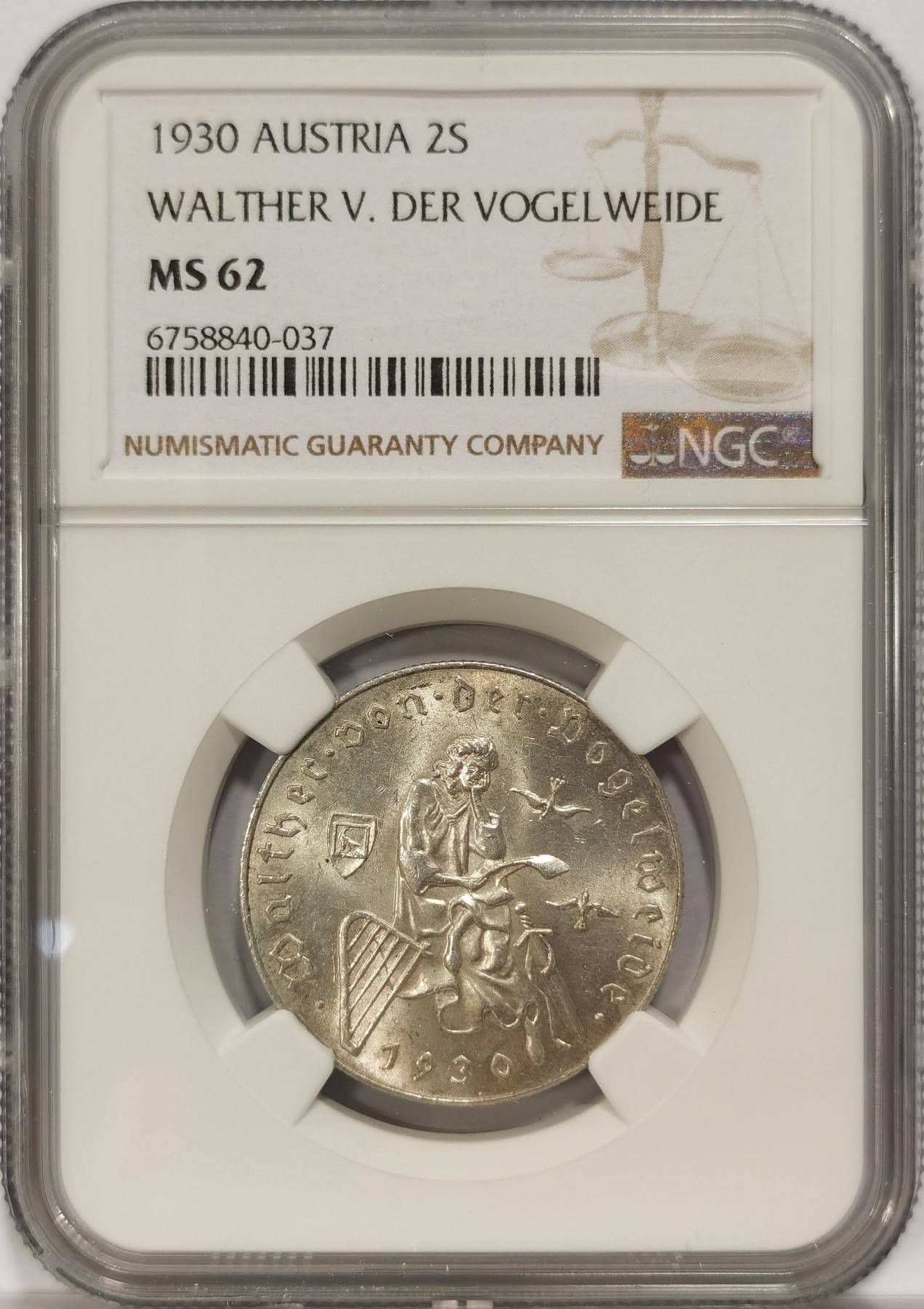 博洋堂世界钱币拍卖第034期（全场包邮） NGC MS62 奥地利1930年游吟诗人瓦尔特2先令银币