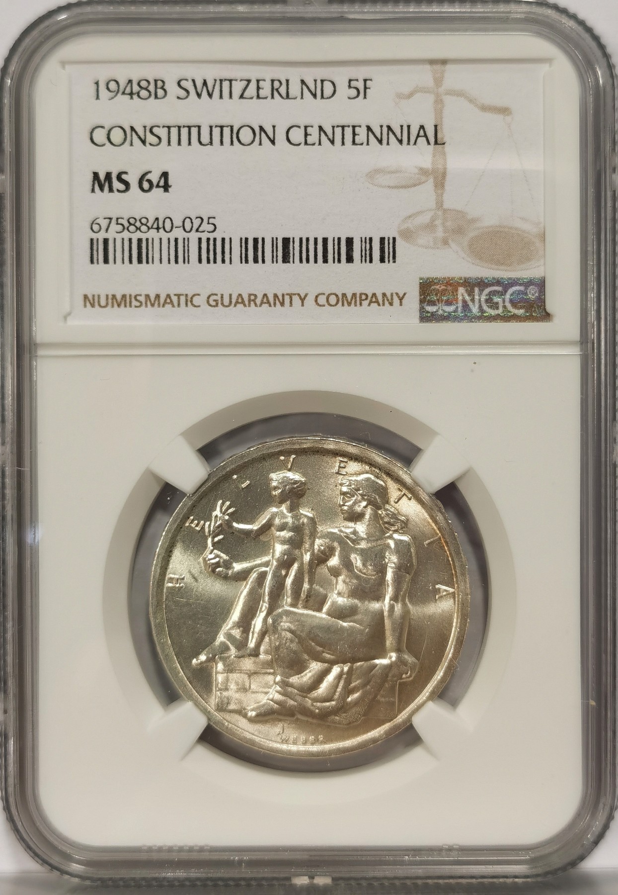 博洋堂世界钱币拍卖第034期（全场包邮） NGC MS64 瑞士1948年宪法百年纪念5法郎银币
