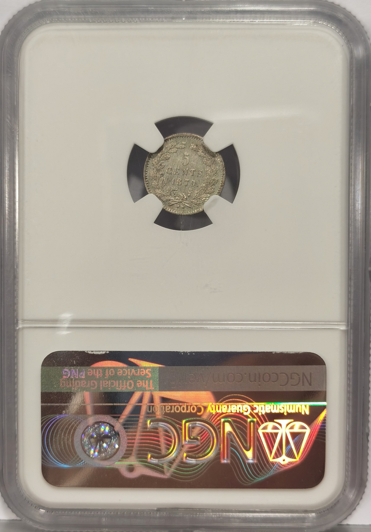 博洋堂世界钱币拍卖第034期（全场包邮） NGC MS62 1879年荷兰5分小银币 袖珍币 麻雀虽小五脏俱全 人像和花枝细节很好 压分低评