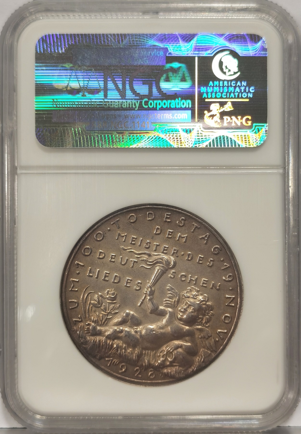 博洋堂世界钱币拍卖第034期（全场包邮） NGC MS65 德国1928年纪念艺术歌曲之王舒伯特逝世百年银章，背面图案骷髅、玫瑰、天使！卡尔哥茨作品，其签名于肖像下方，顶级状态，冠军分，稀少品种