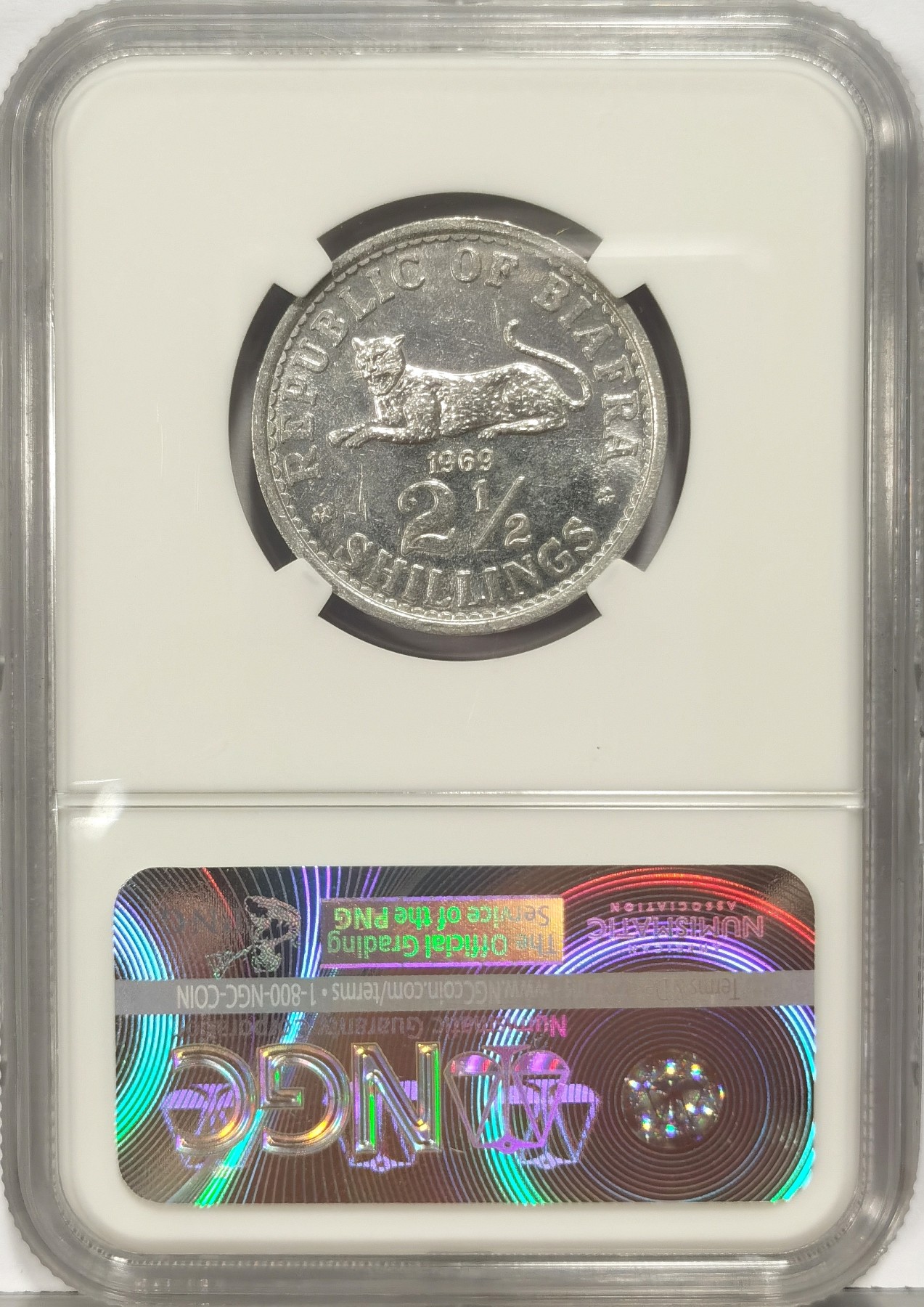 博洋堂世界钱币拍卖第034期（全场包邮） NGC MS63 1969年比夫拉共和国2.5先令 只存在两年的短命独裁国家 少见面值 该币的猎豹正是国徽的象征