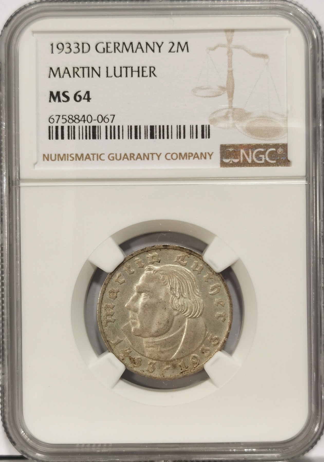 博洋堂世界钱币拍卖第034期（全场包邮） NGC MS64 1933年德国第三帝国马丁路德2马克纪念银币