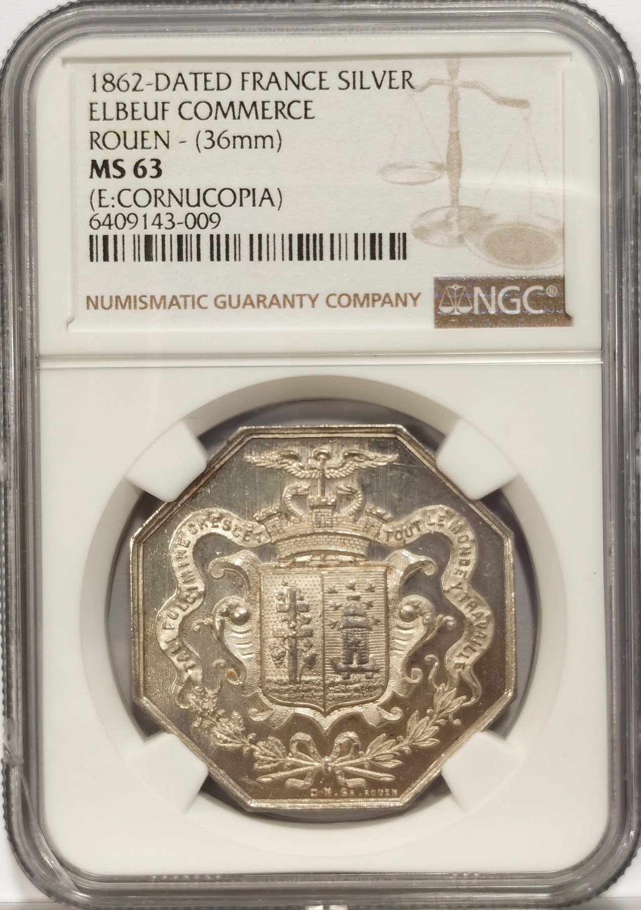 博洋堂世界钱币拍卖第034期（全场包邮） NGC MS63 法国1862年鲁昂欧洲商业八角银章