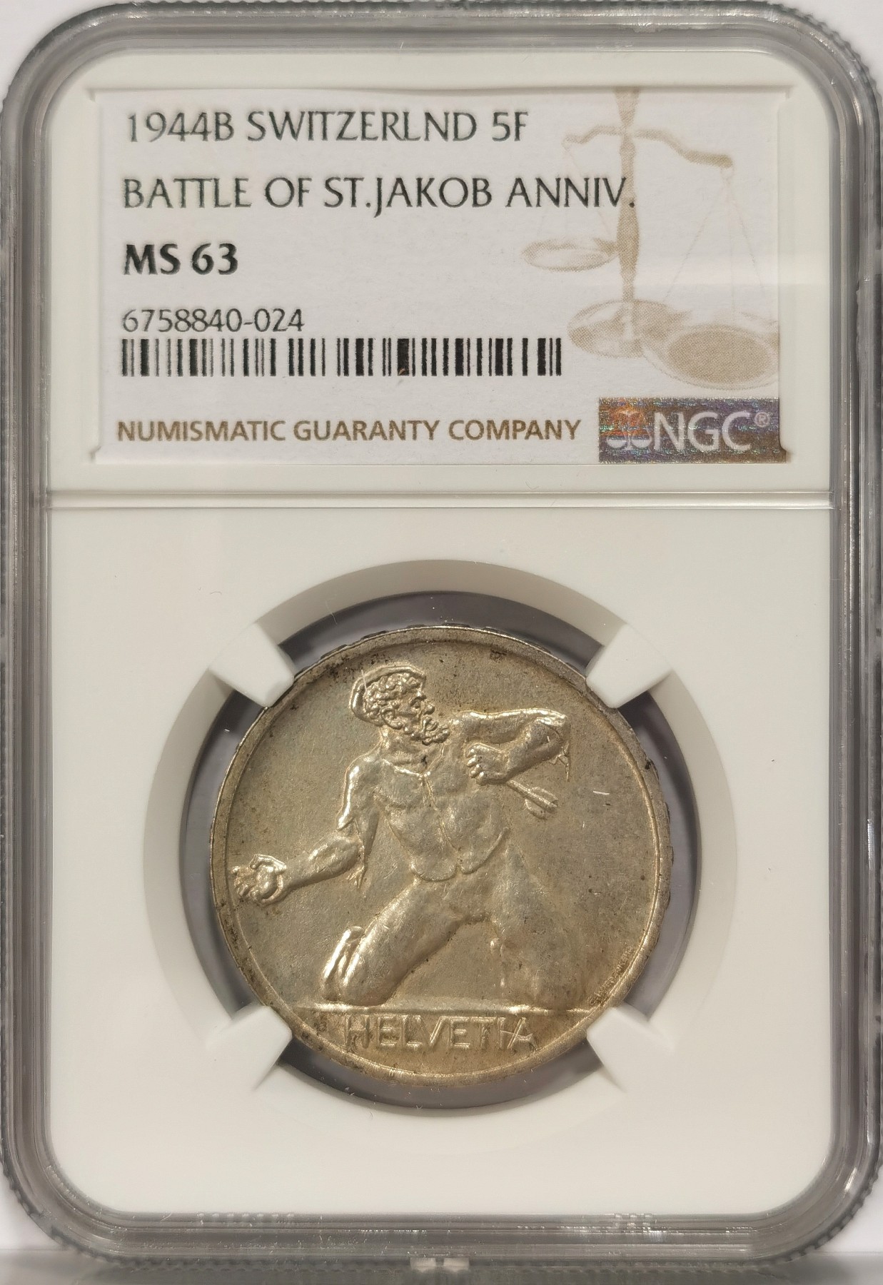 博洋堂世界钱币拍卖第034期（全场包邮） NGC MS63 瑞士1944年圣雅各布之战5法郎银币