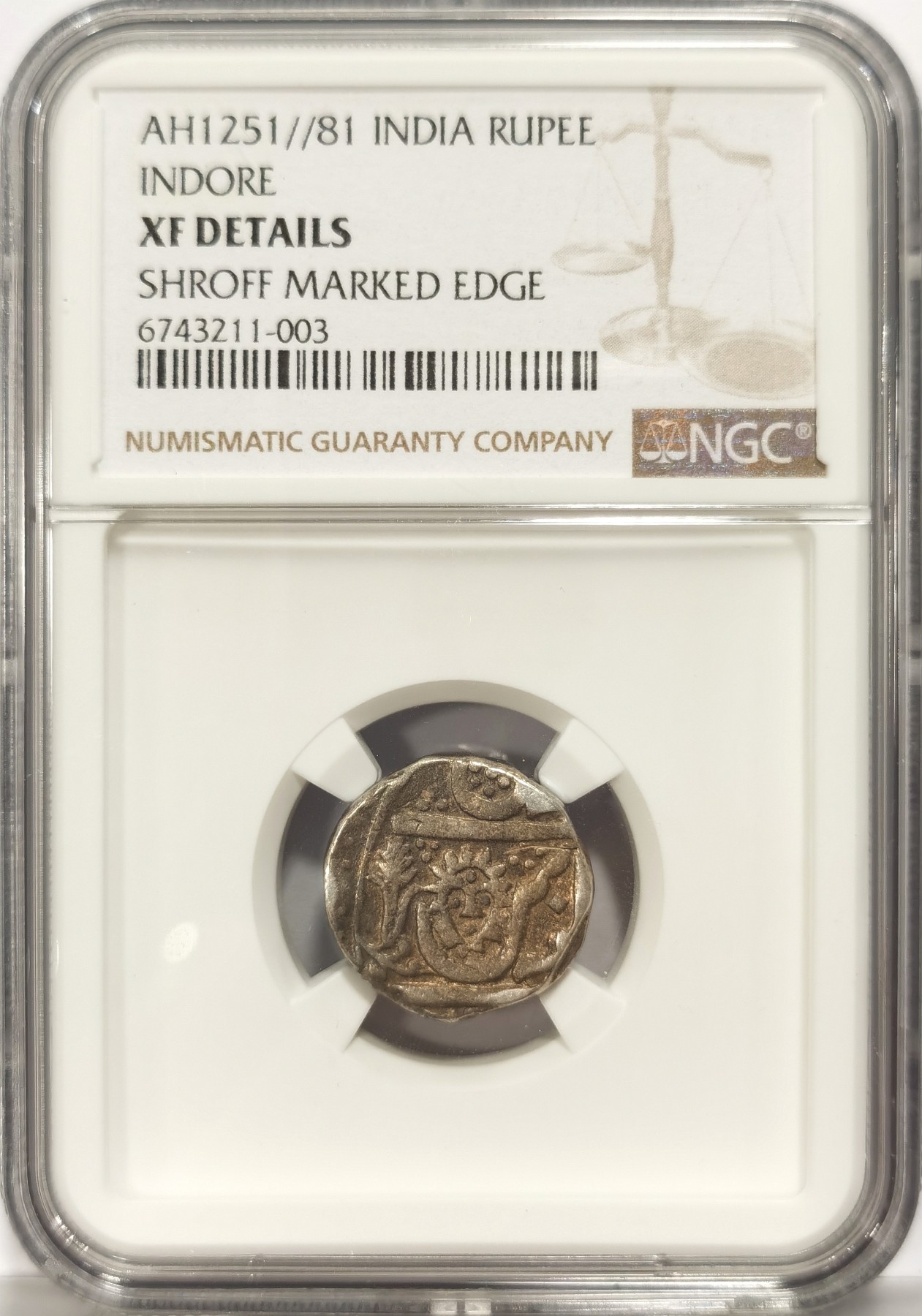 博洋堂世界钱币拍卖第034期（全场包邮） NGC XFD AH1251//81年印度印多尔土邦早期卢比打制银币（土邦早期卢比，超级厚重，NGC加厚盒）