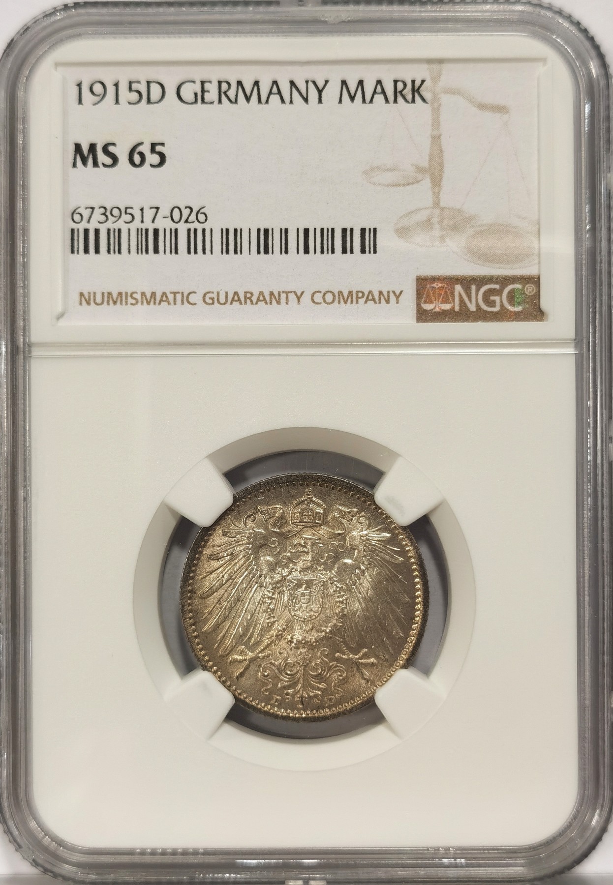 博洋堂世界钱币拍卖第034期（全场包邮） NGC MS65 1915年D版德国第二帝国1马克银币