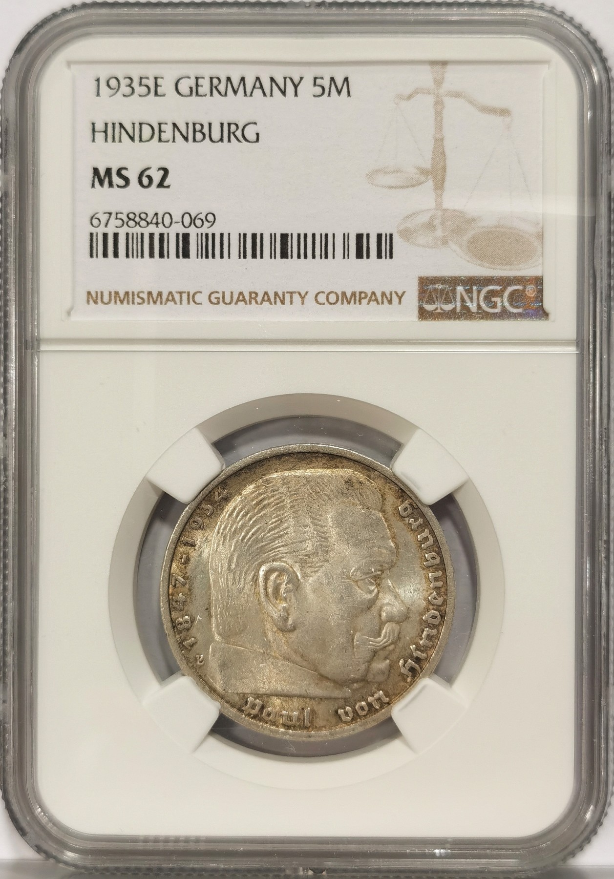 博洋堂世界钱币拍卖第034期（全场包邮） NGC MS62 1935年E版德国第三帝国兴登堡5马克银币