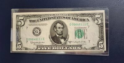 Unc 美国纸币 1950年D版 5美金纸币 豹子号 111 - Unc 美国纸币 1950年D版 5美金纸币 豹子号 111