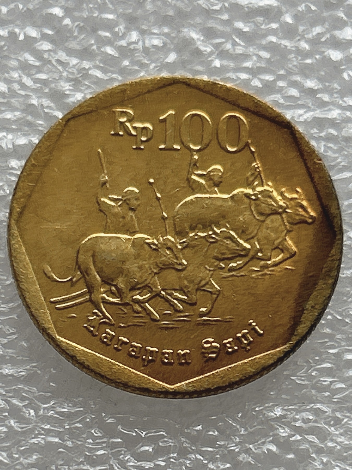 全场一元起拍 世界钱币散币场 第七期 印度尼西亚1996年100卢比铜币 水牛赛