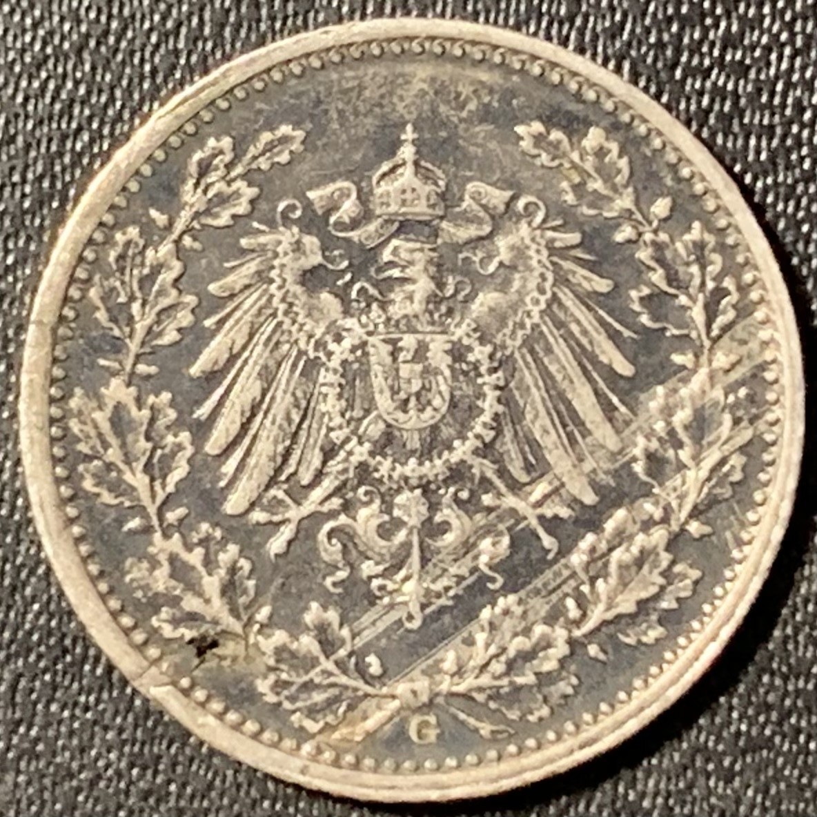 紫瑗钱币——第326期拍卖 德国 1918年 G版 第二帝国 1/2马克 银币 2.77克 0.9银 漆黑包浆