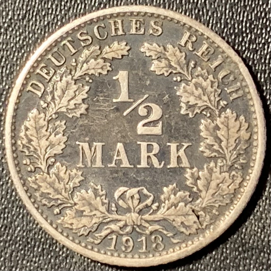 紫瑗钱币——第326期拍卖 德国 1918年 G版 第二帝国 1/2马克 银币 2.77克 0.9银 漆黑包浆