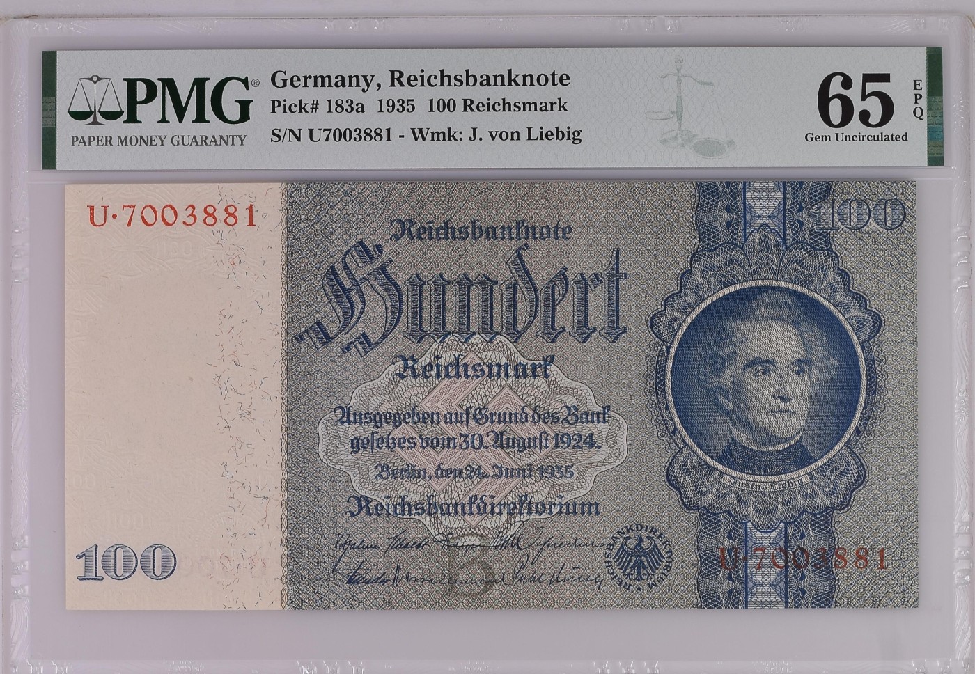 收藏联盟Quantum Auction 第274期拍卖 爱神维纳斯的故乡-塞浦路斯 德国1935年100马克 PMG65 有机化学之父-李比希男爵 号码无4