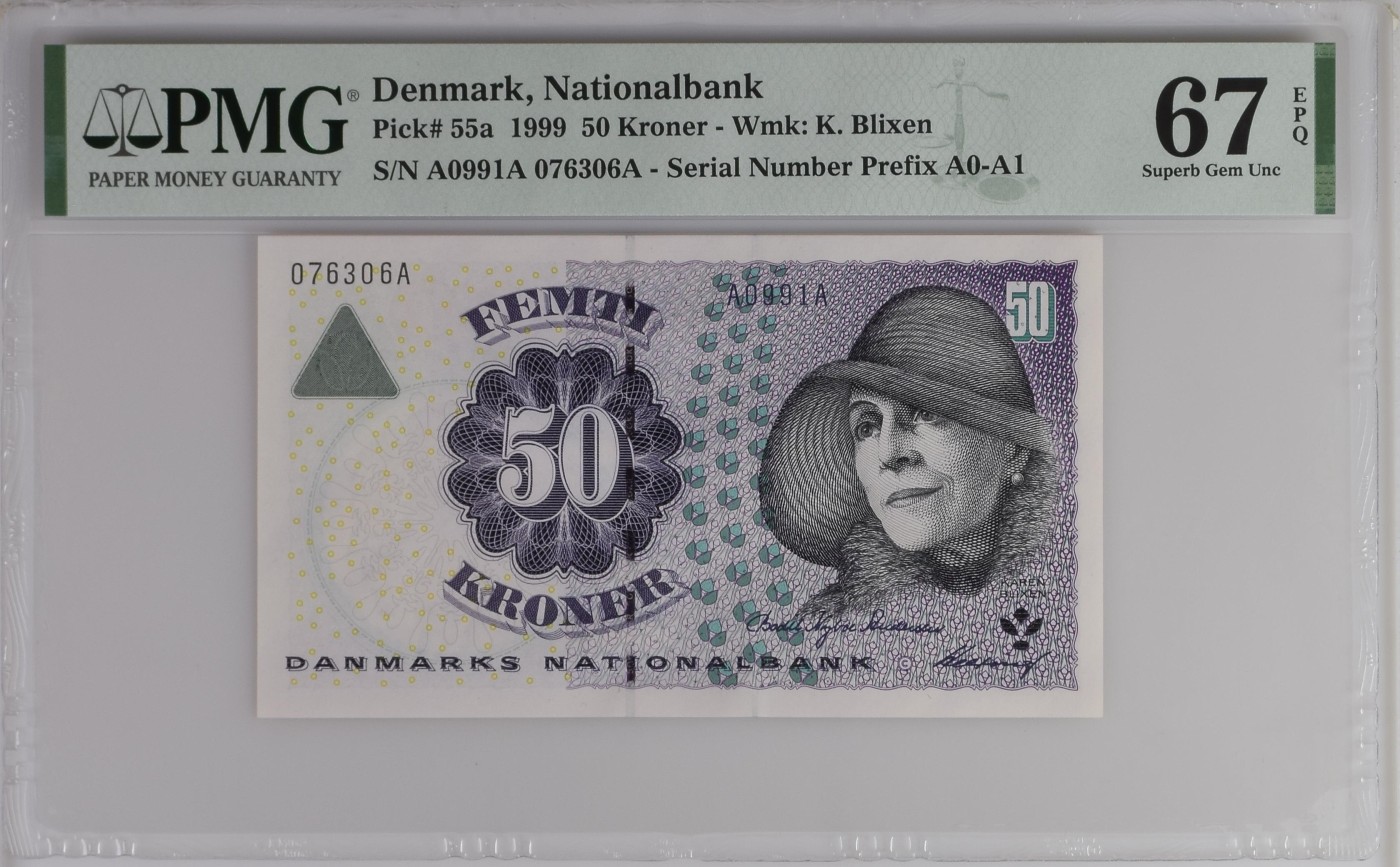 收藏联盟Quantum Auction 第274期拍卖 爱神维纳斯的故乡-塞浦路斯 丹麦1999年50克朗 PMG67 号码无4 首发冠 《走出非洲》作者 卡伦. 布里克森