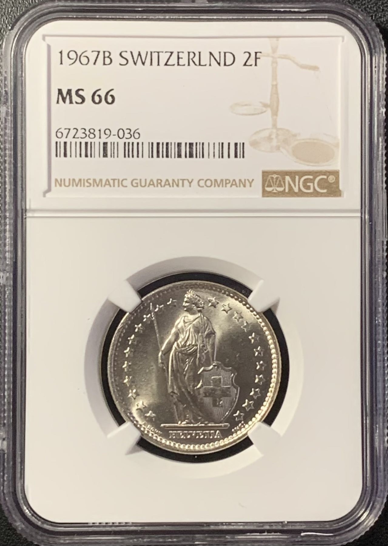 紫瑗钱币——第288期拍卖 瑞士 1967年 B版 赫尔维蒂亚 2法郎 银币 NGC MS66