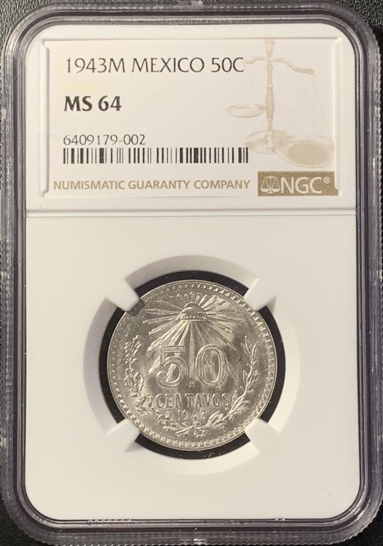 紫瑗钱币——第288期拍卖 墨西哥 1943年 M版 鹰洋 50分 银币 NGC MS64