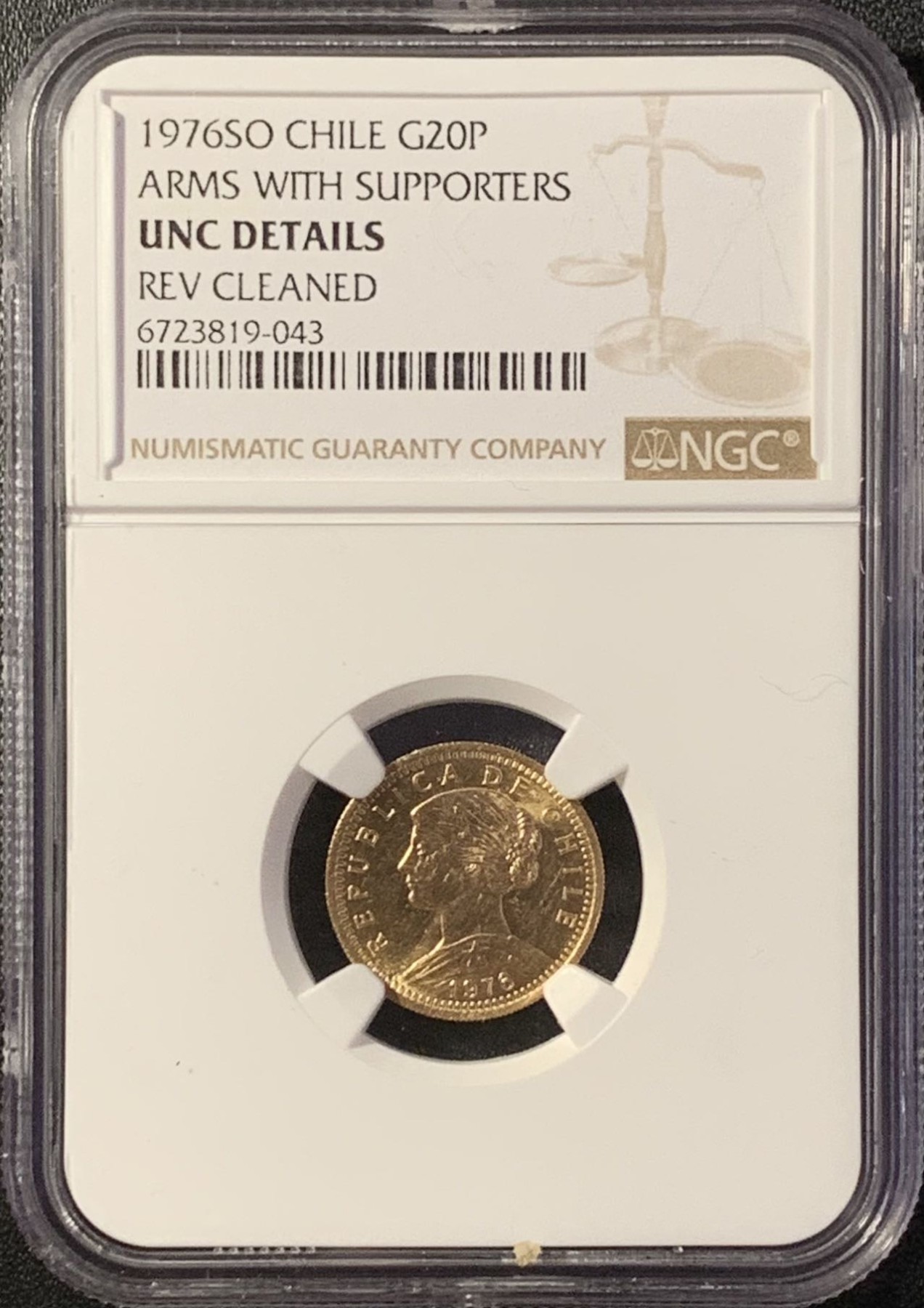 紫瑗钱币——第288期拍卖 智利 1976年 女神 20比索 金币 NGC UNC Detail