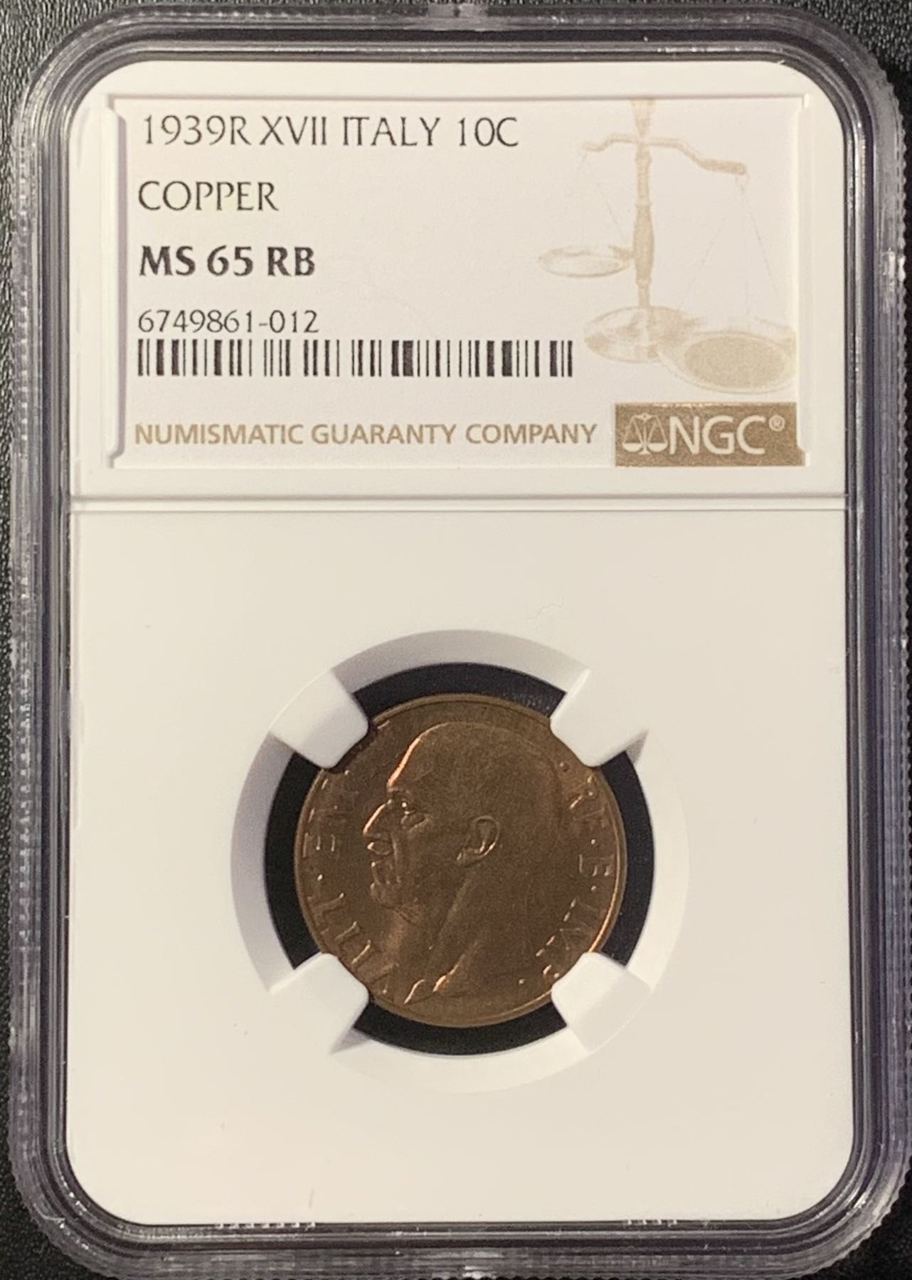 紫瑗钱币——第288期拍卖 意大利 1939年 伊曼纽埃三世 10分 铜币 NGC MS65 RB