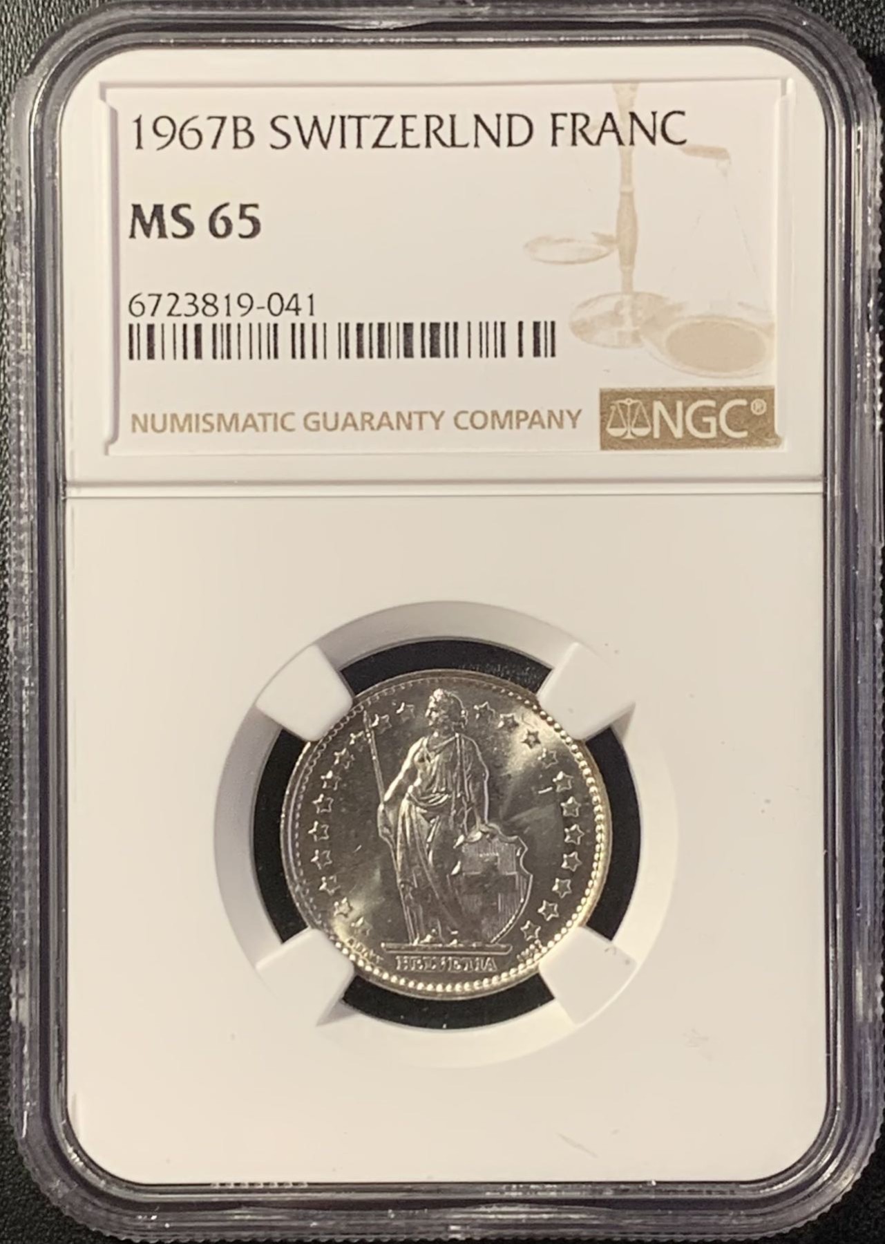 紫瑗钱币——第288期拍卖 瑞士 1967年 B版 赫尔维蒂亚 1法郎 银币 NGC MS65