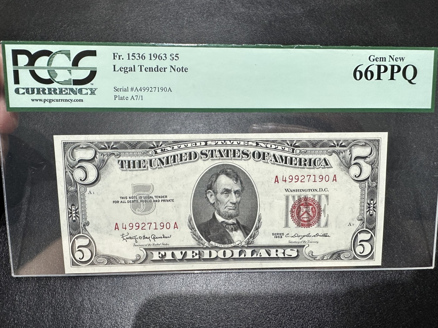 《外钞收藏家》第二百八十四期（连拍第一场） 1963年美国政府券 5美元 PCGS评级66