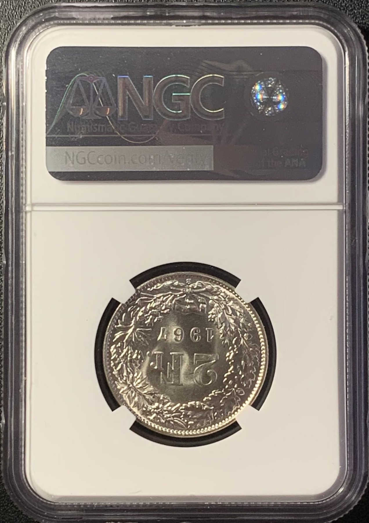 紫瑗钱币——第288期拍卖 瑞士 1967年 B版 赫尔维蒂亚 2法郎 银币 NGC MS66